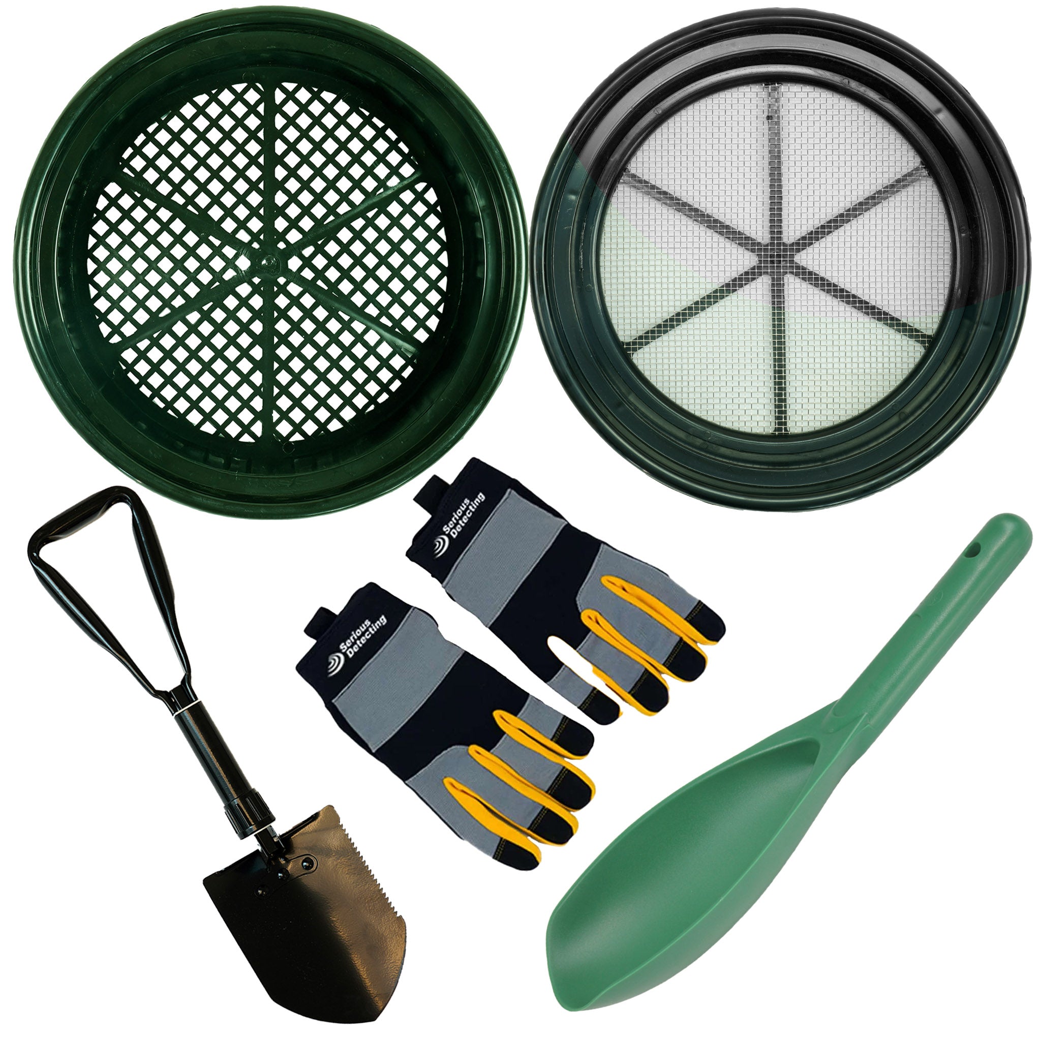 TerraX Field Prospecting Kit - 2 Heavy Duty Gold Classifiers, Premium Folding Serrated Shovel, Green Mining Scoop & Durable Detecting Gloves for Gold Panning, Gem Hunting & Outdoor Treasure Hunting