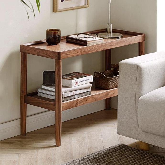 Premium Black Walnut Solid Wood Narrow Double Layer Side Table - Nightstand, Sofa End Table, Living Room & Bedroom Furniture for Small Spaces