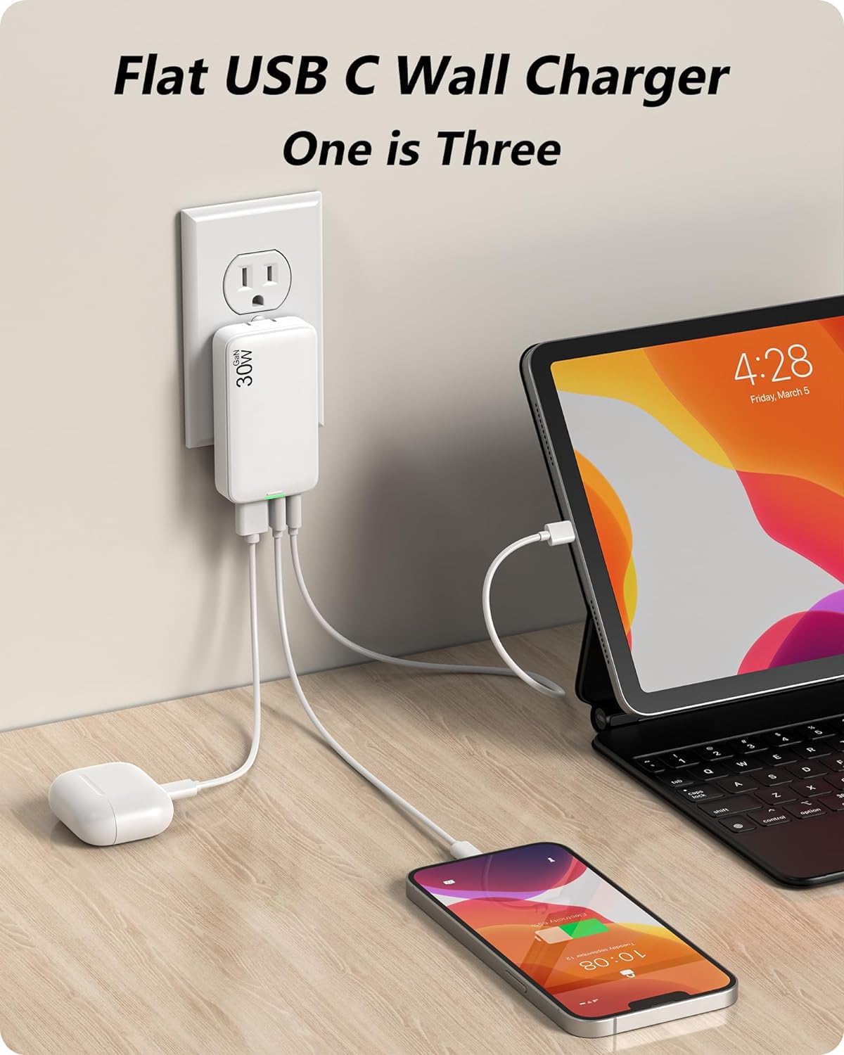 30W Ultra-Slim 3-Port USB C Wall Charger with PD Fast Charging & Foldable Plug - Compatible with iPhone 15/14/13/Pro Max, iPad Pro, Galaxy S23/S22 & More (White) - Perfect for Home, Office & Travel Charging Needs