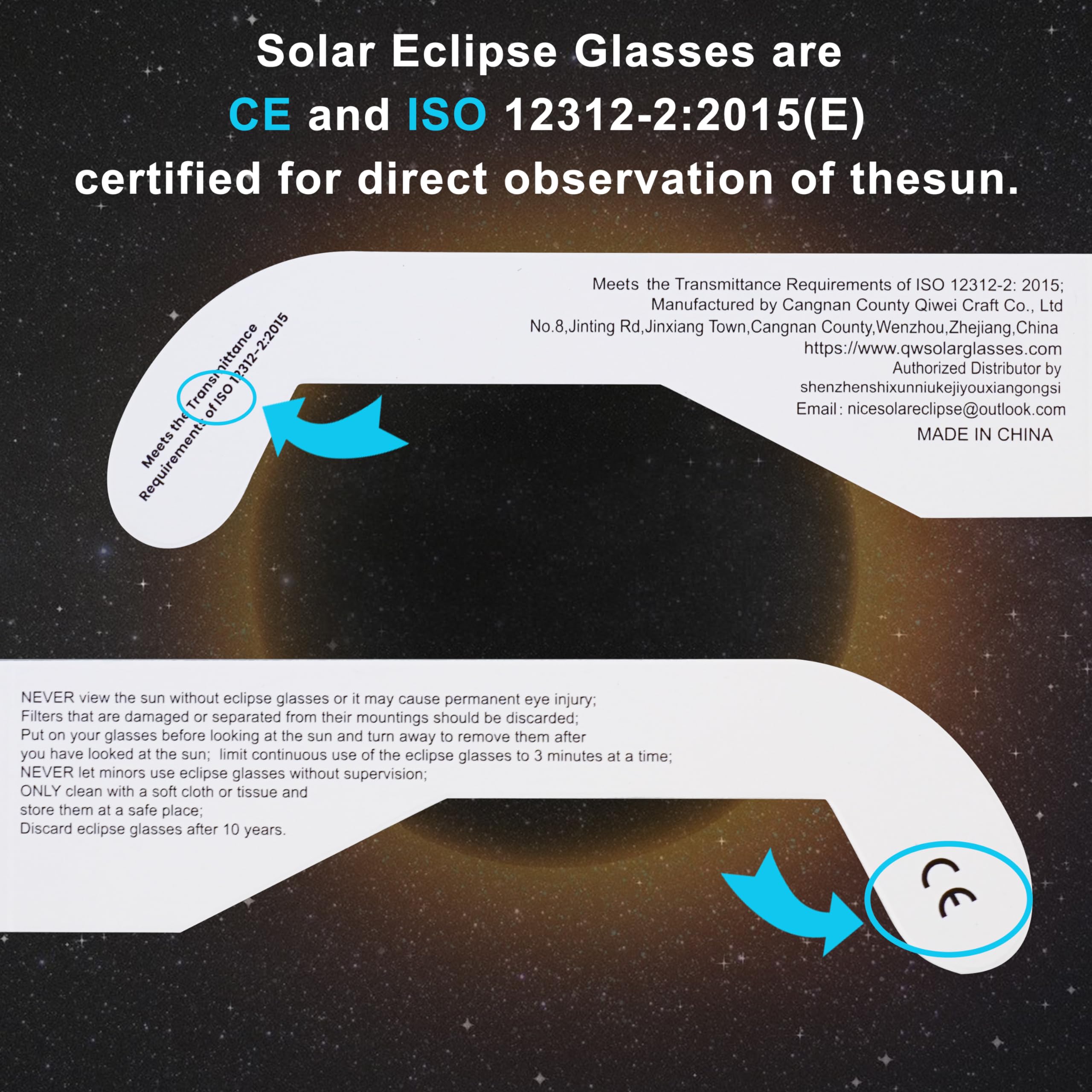 AAS Approved 2024 Solar Eclipse Glasses - ISO 12312-2:2015(E) & CE Certified Safe Shades for Direct Sun Viewing - 100 Pack - Perfect for Solar Eclipses, Astronomy Events & Outdoor Sun Observation