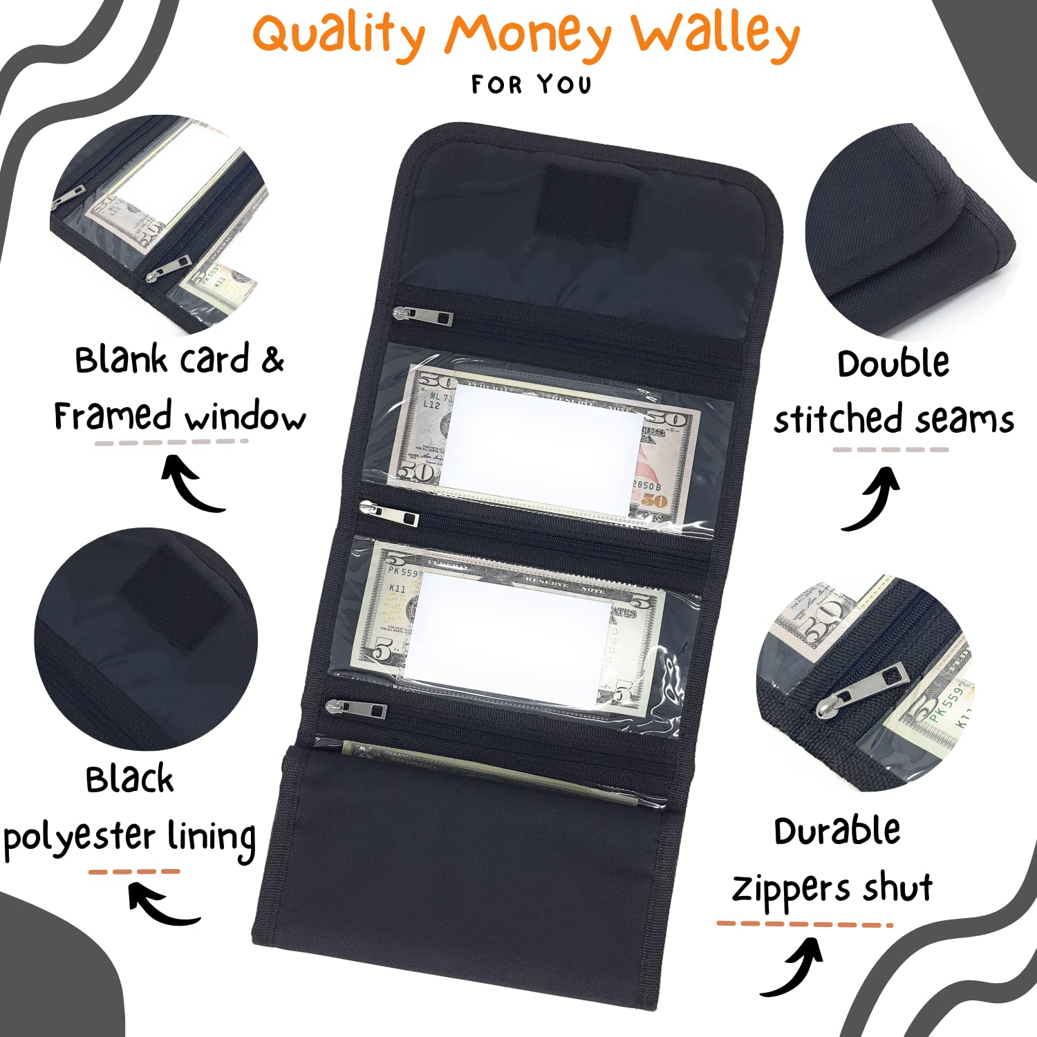 7-Slot Money Organizer Wallet with Blank Card - Cash Holder for Budgeting, Traveling, Saving & Receipts - Perfect for Travel, Business & Daily Use (Black)