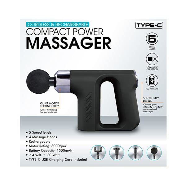 NV-07021 Compact Power Percussion Massager - Portable Deep Tissue Muscle Relief for Back, Neck & Shoulders - Perfect for Home, Office & Travel Use (Black)