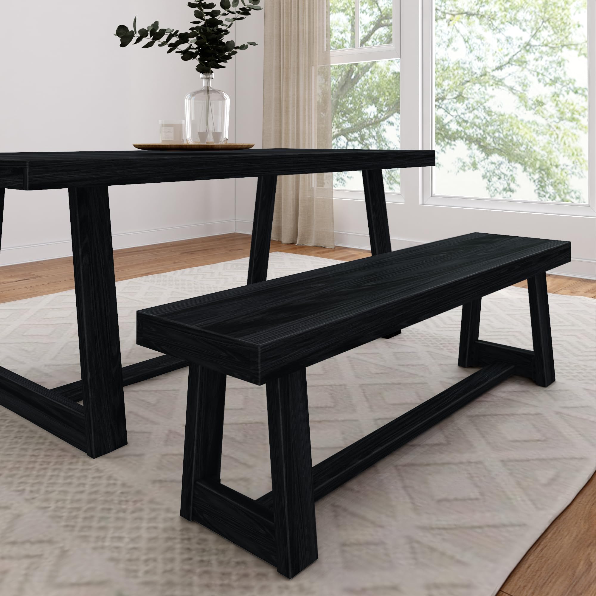 60 Inch Farmhouse Dining Bench - Solid Wood Entryway & Outdoor Bench for Kitchen, Dining Room, Home Office - Easy Assembly Black Wirebrush - Perfect for Farmhouse Decor, Patio Seating & Rustic Home Interiors