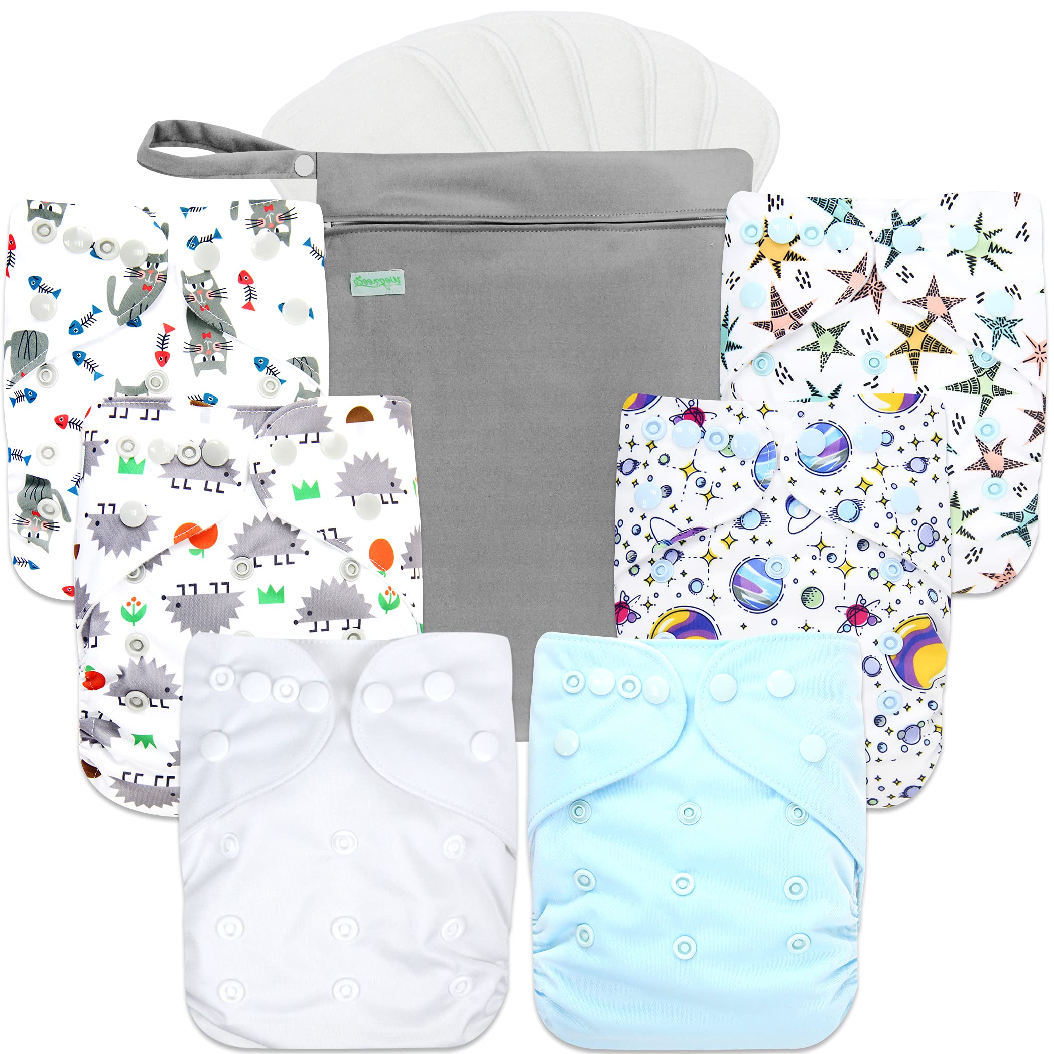 Wegreeco 6 Pack Washable Cloth Diapers for Babies with Adjustable Inserts & Wet Bag - Reusable Eco-Friendly One Size Fits All Baby Diapers (Fantastic World) - Perfect for Daycare, Travel & Eco-Conscious Parenting