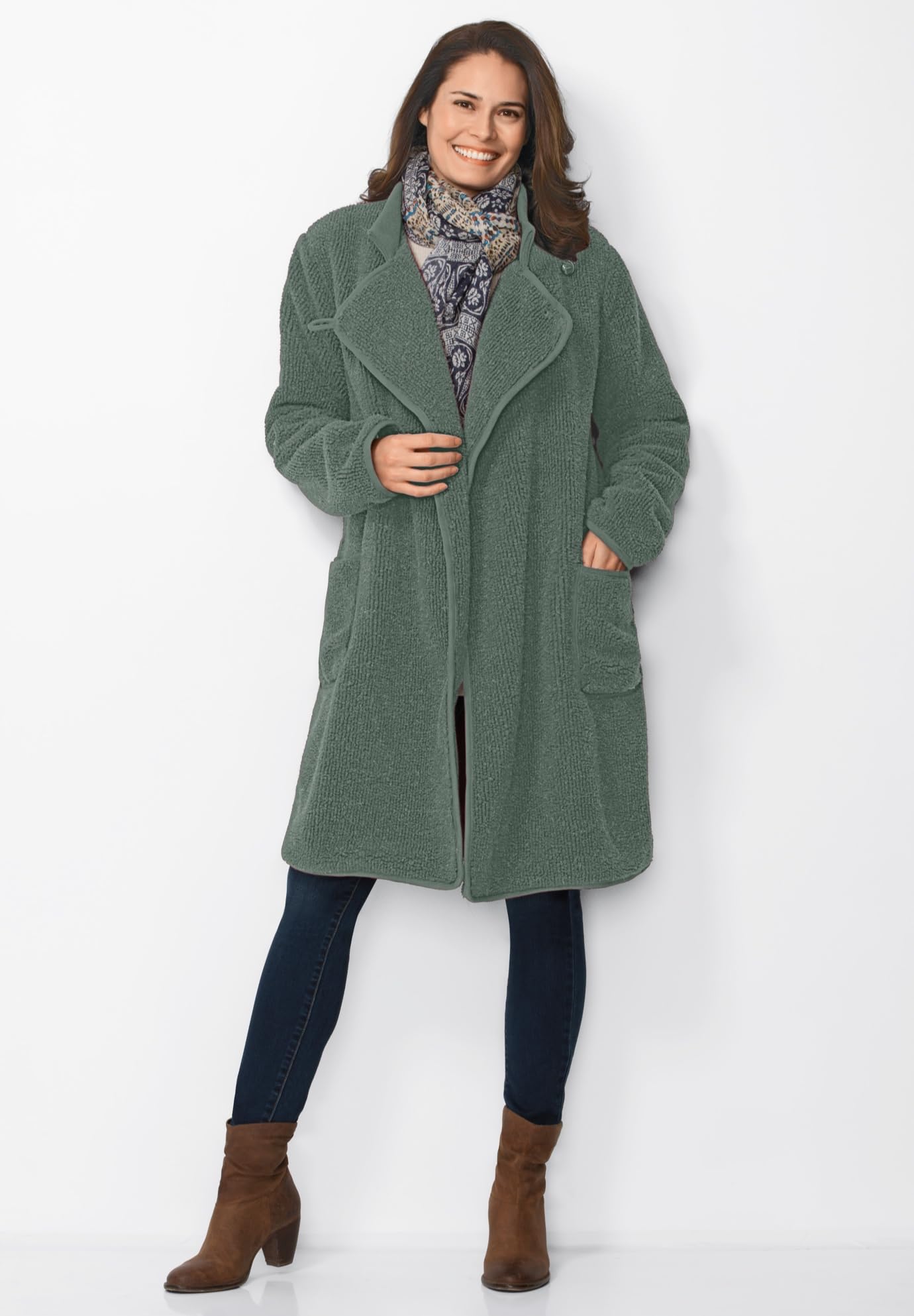Woman Within Women's Plus Size Rib Knit Collar Berber Jacket | Cozy Fleece Outerwear for Fall & Winter | Casual Wear, Work & Outdoor Activities
