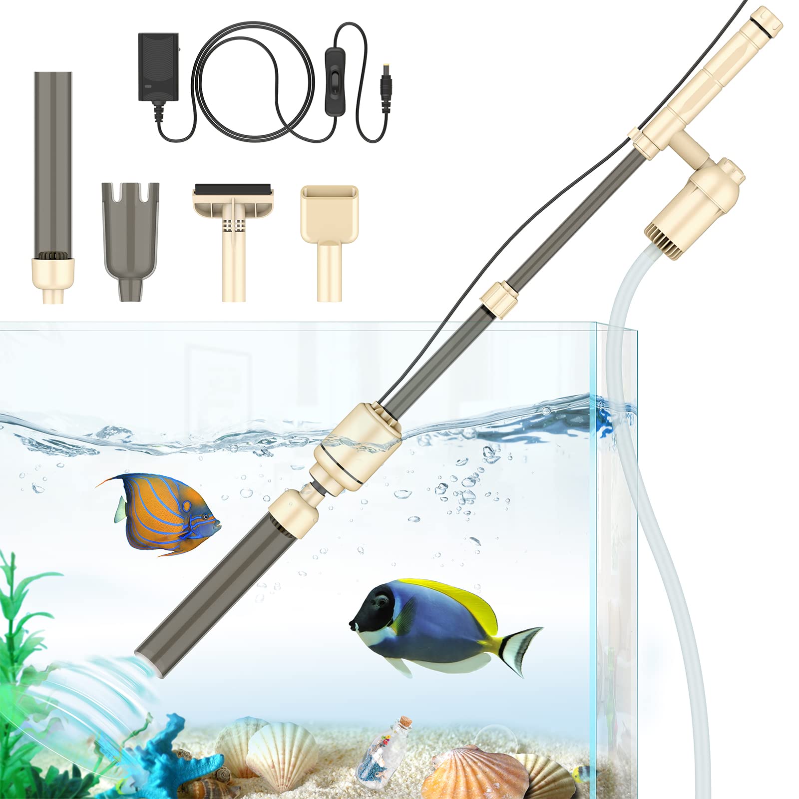 Bedee 6-in-1 Electric Aquarium Gravel Cleaner - Automatic Fish Tank Vacuum Cleaner Kit with Adjustable Water Flow for Water Changing & Sand Washing (12V DC, 18W, Beige) - Perfect for Freshwater & Saltwater Tanks, Home & Office Aquarium Maintenance