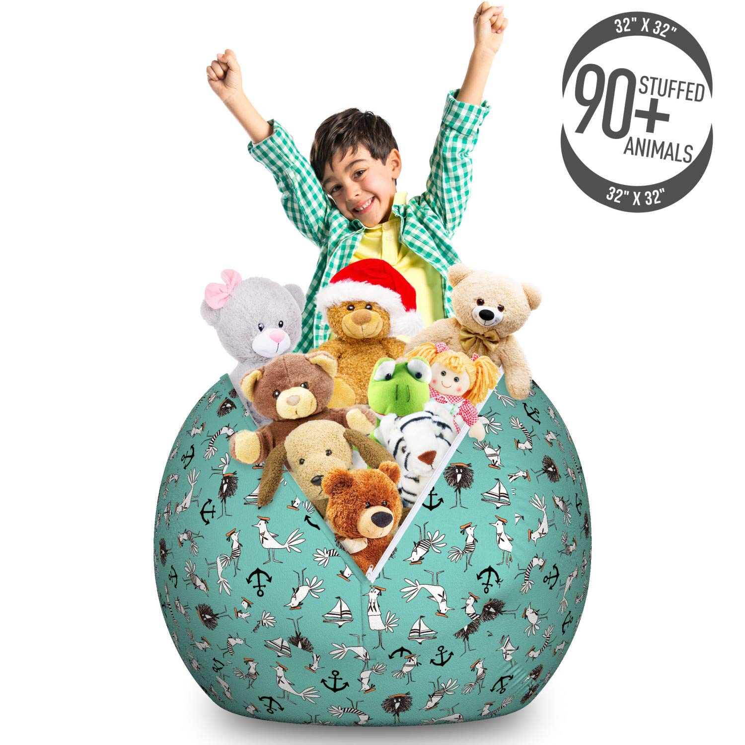 Ambesonne Nautical Toy Storage Bag Chair - Large Washable Stuffed Animal Organizer with Sailboats, Anchors & Birds Design in Seafoam Grey | Kids Room Decor, Playroom Storage, Nursery Organization