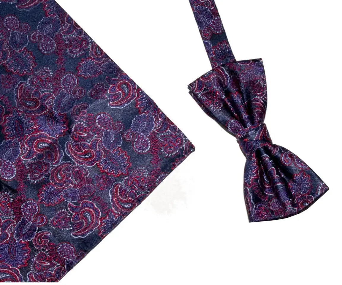 L A Smith Red Purple Paisley Silk Bow Tie and Pocket Square Set - Elegant Formal Accessories for Weddings, Prom & Special Occasions