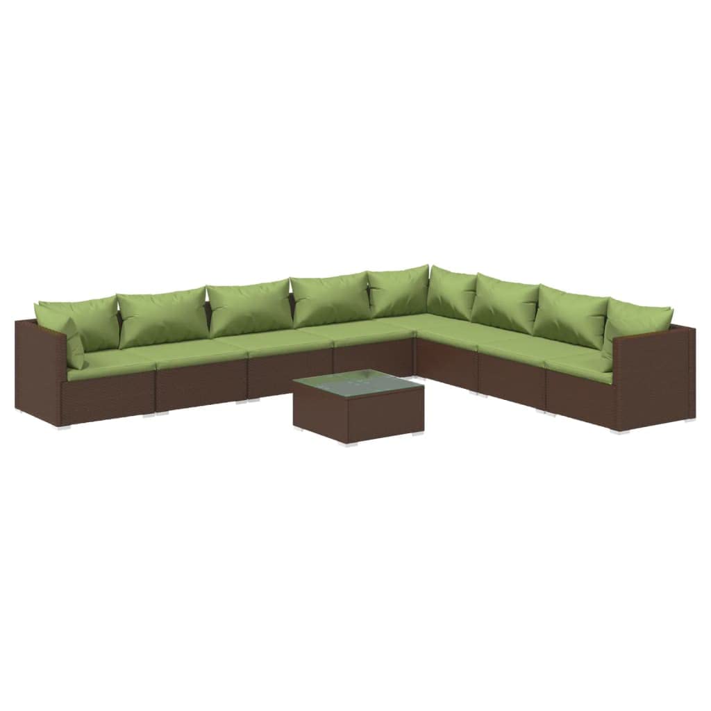 vidaXL 9-Piece PE Rattan Patio Lounge Set with Cushions - Durable Outdoor Furniture Set in Brown/Green - Perfect for Backyard, Poolside & Garden Relaxation