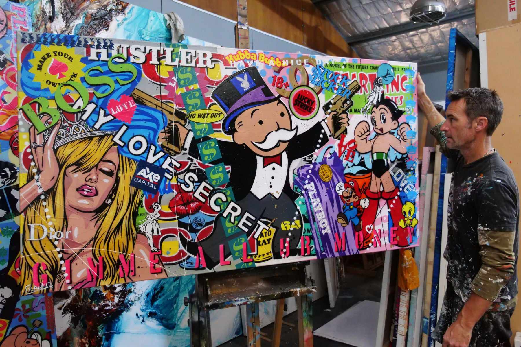 Lucky Strike Monopoly Man Textured Urban Pop Art Canvas Painting - 190cm x 100cm Large Wall Decor for Game Room, Office & Modern Home