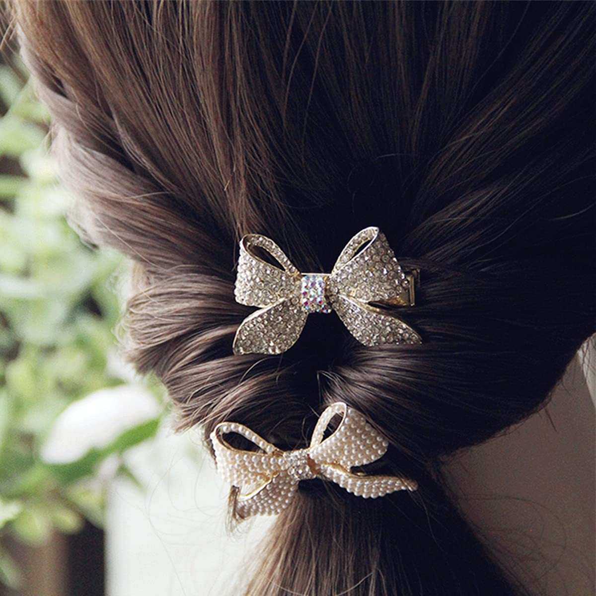 Pearl Rhinestone Bowknot Hair Ties & Duckbill Hair Clips Set for Women & Girls - Elegant Hair Accessories for Parties, Weddings & Daily Styling
