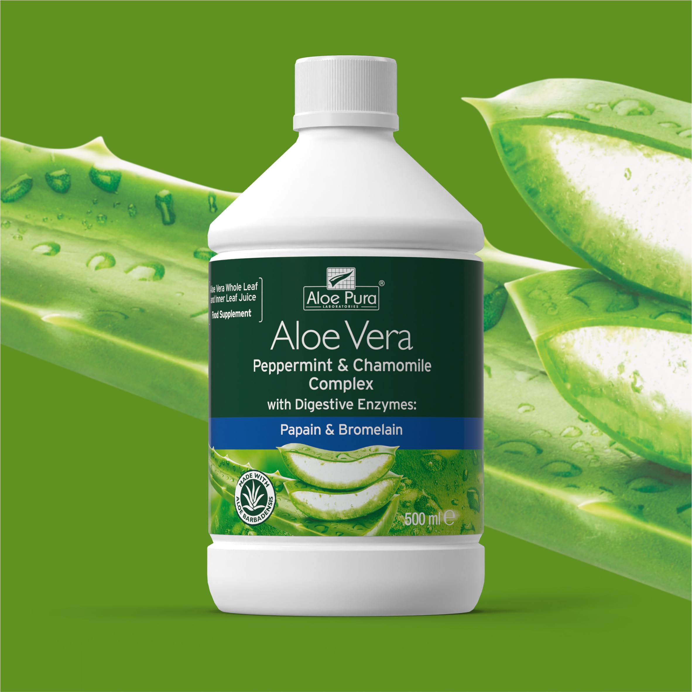 Aloe Vera Juice with Peppermint & Chamomile - Natural Digestive Support, Vegan & Cruelty-Free, 500ml - Contains Papain & Bromelain Enzymes - Perfect for Gut Health & Daily Wellness