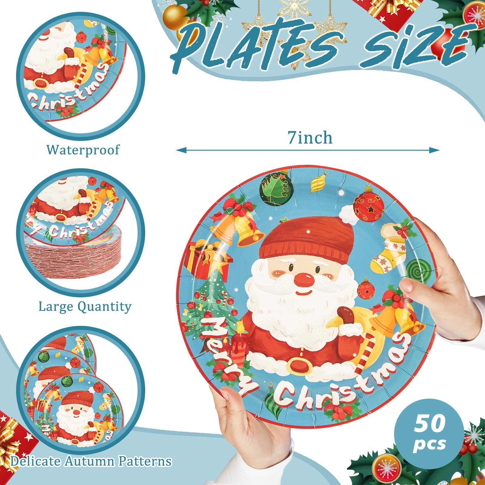 50PCS Blue Christmas Paper Plates 7Inch - Disposable Party Supplies for Holiday Birthday Wedding