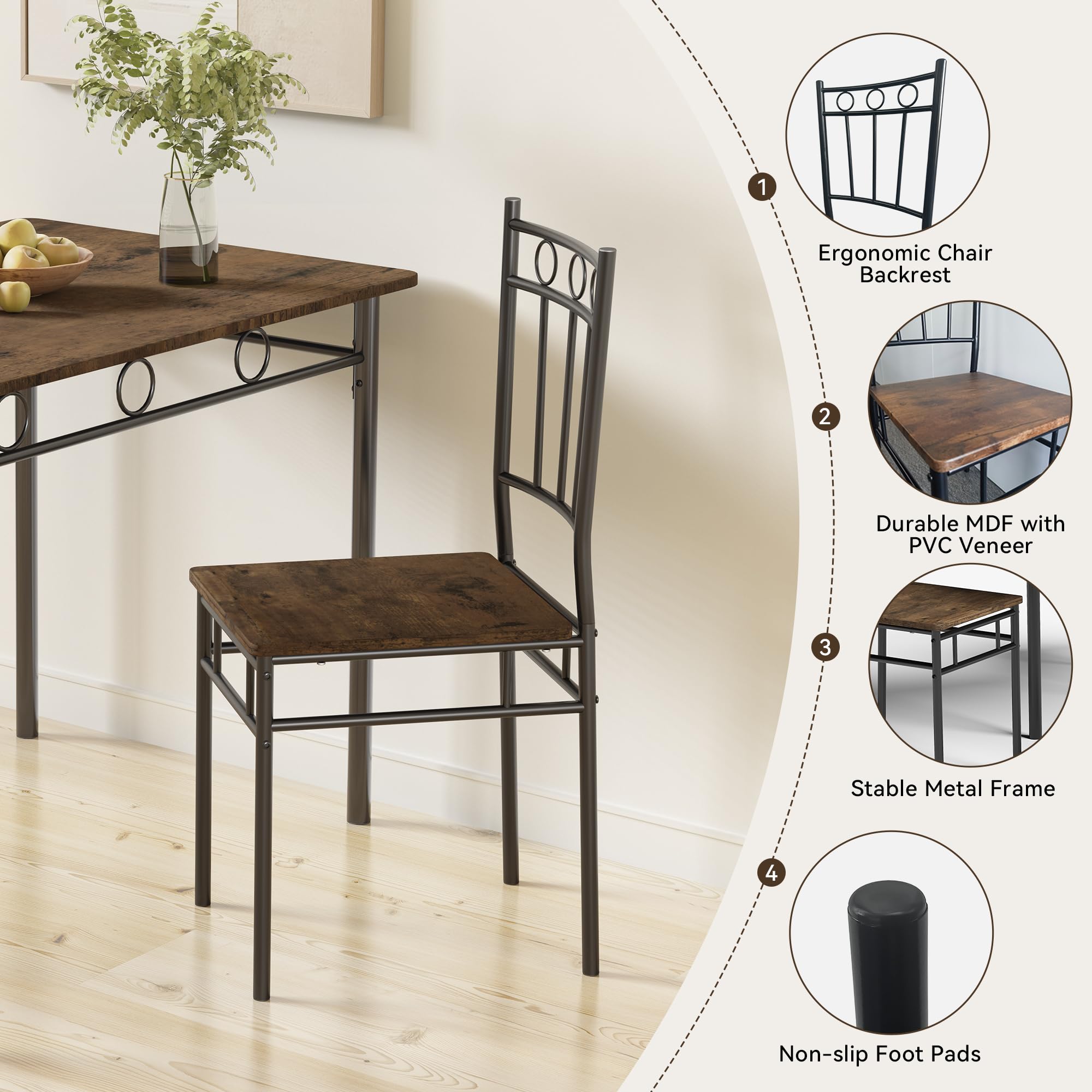 5-Piece Retro Brown Dining Table Set for 4 - Space-Saving Rectangular Kitchen Table with 4 Chairs - Perfect for Small Spaces, Apartments & Dinettes - Ideal for Family Meals, Breakfast Nooks & Cozy Dining Areas