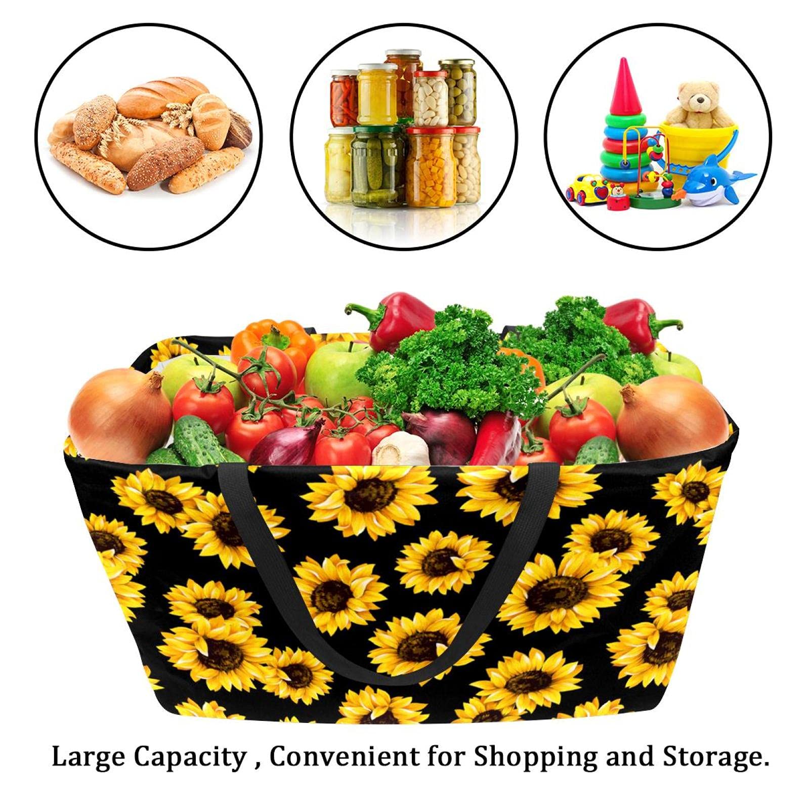 LORVIES Reusable Grocery Bags & Storage Baskets - Sunflower Pattern Collapsible Shopping Tote with Long Handle | Eco-Friendly Foldable Market Basket for Groceries, Laundry & Home Organization