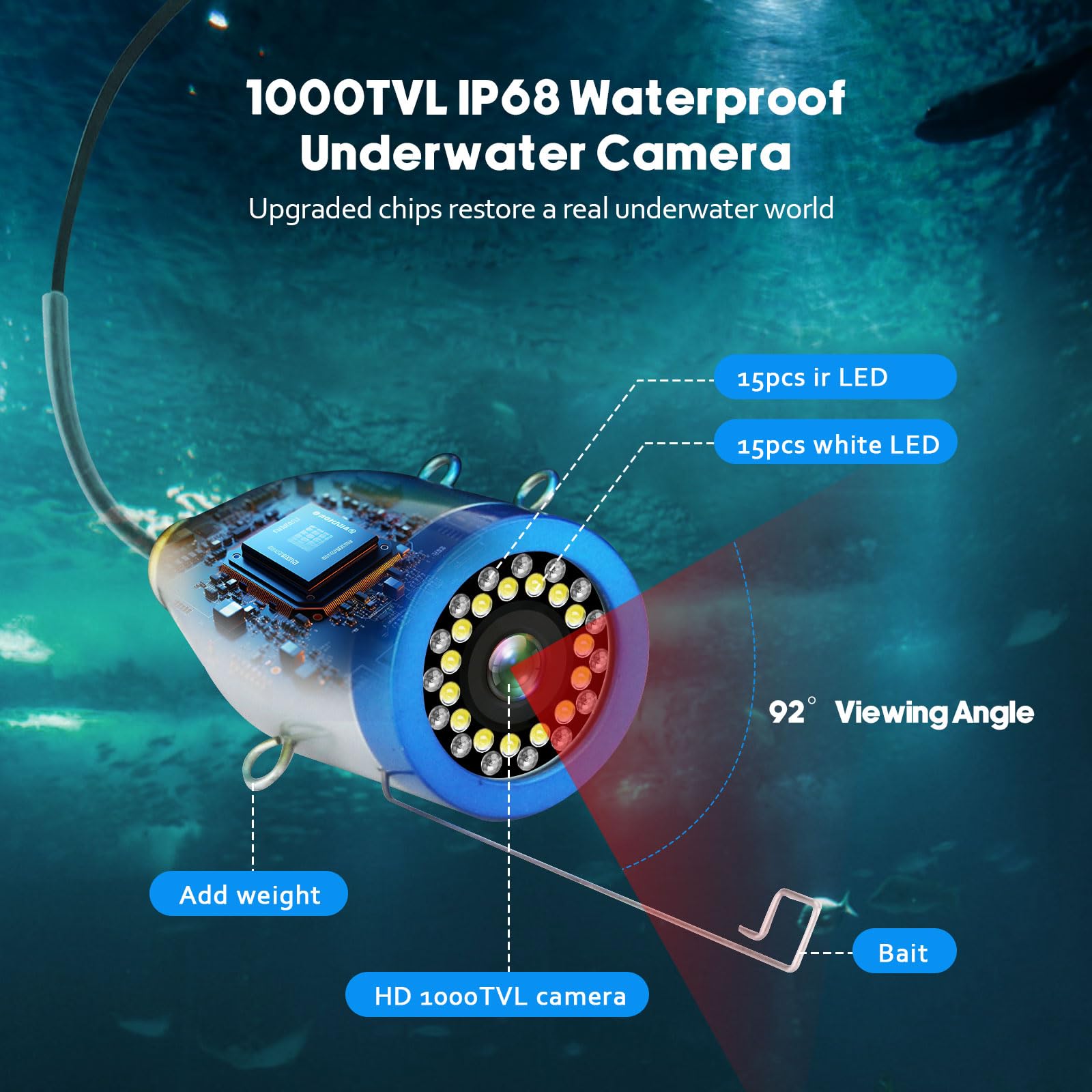 1000TVL Underwater Fishing Camera with 98ft/30m Cable - HD Monitor for Ice, Lake, Kayak & Boat Fishing - Saltwater & Freshwater Use - Perfect for Deep Sea, Dock & Night Fishing Adventures