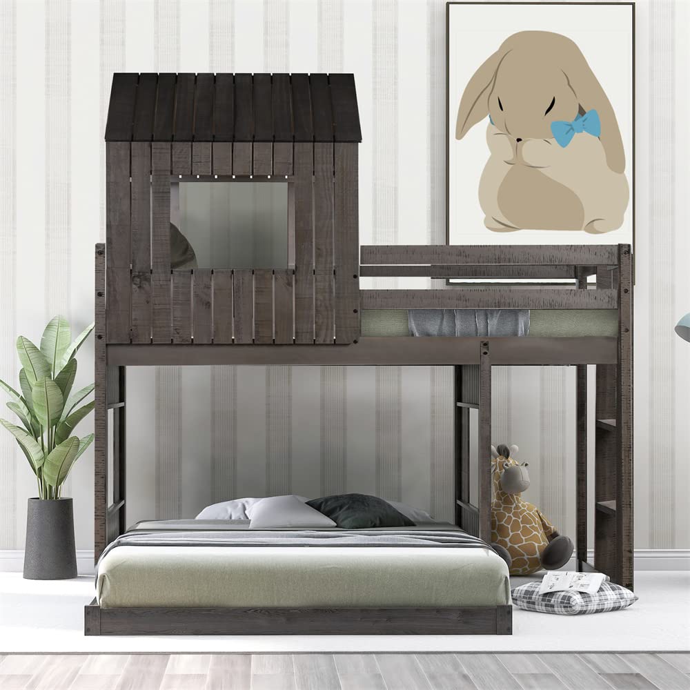 Solid Wood L-Shaped Twin Over Full Bunk Bed with Roof & 4 Windows - Sturdy Loft Bed Frame with Full-Length Guardrails & Ladder - No Box Spring Needed in Antique Gray - Perfect for Kids' Bedroom, Guest Room & Small Space Living