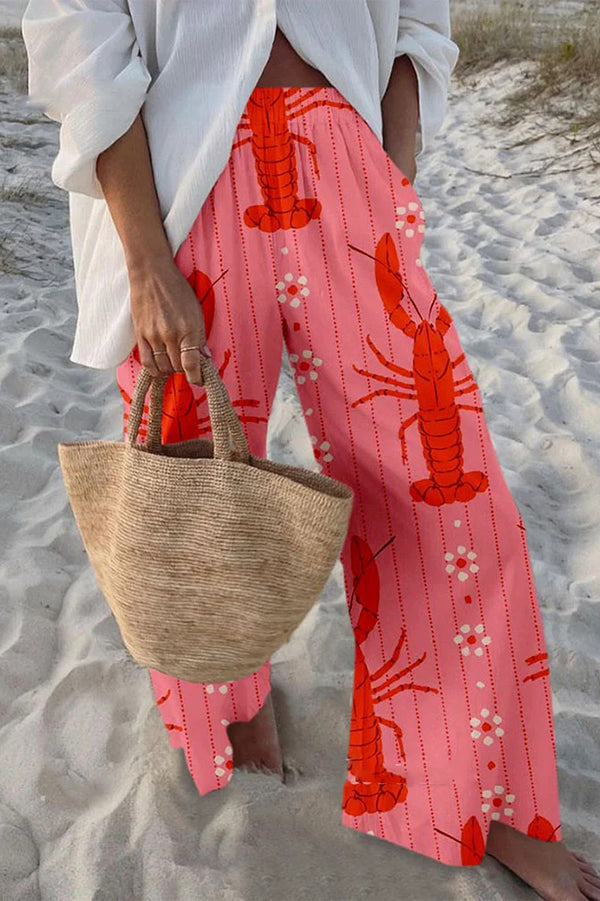 Stylish Marine Print Elastic Waist Loose Pocket Pants for Women - Comfortable Beachwear & Casual Summer Outfits