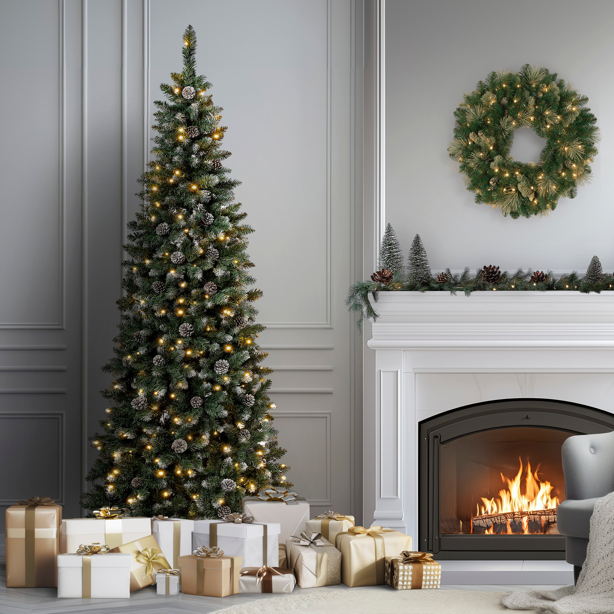 7.5 ft Pre-Lit Oakley Hills Slim Artificial Christmas Tree with Warm White LED Lights - Perfect for Small Spaces, Apartments, and Holiday Home Decor