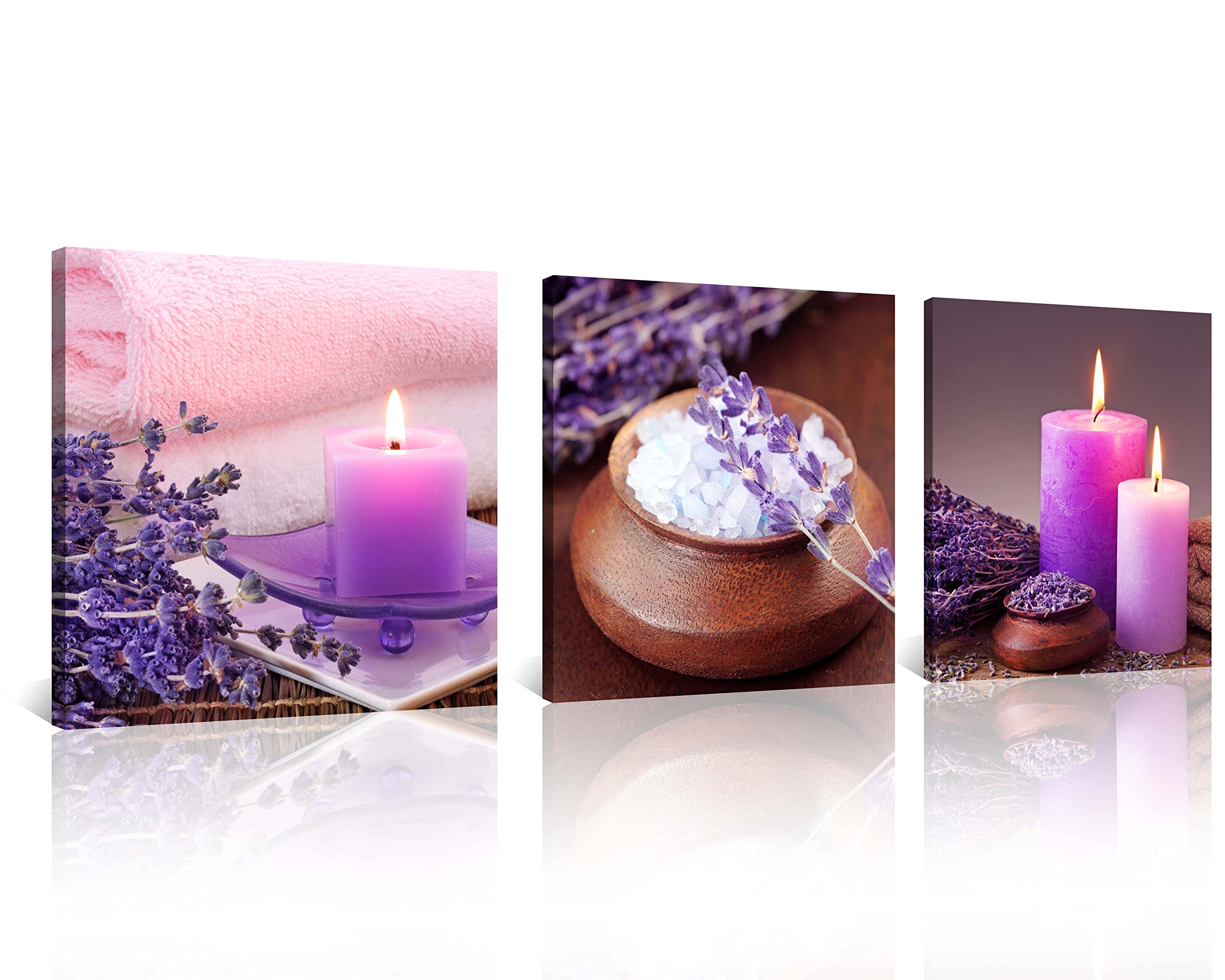Purple Aromatherapy Candles & Zen Stone Lavender Flower Canvas Wall Art - 3 Piece 20x20 Inch Ready to Hang Bathroom Decor for Spa Relaxation, Meditation & Home Wellness Retreat
