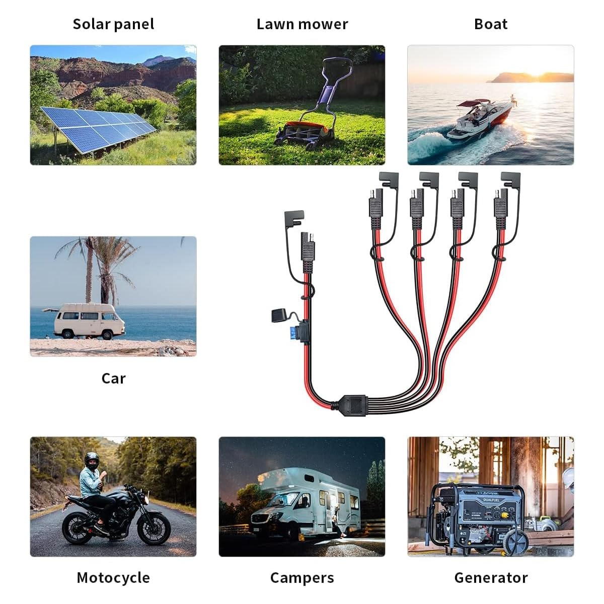 14 AWG 2 FT SAE Splitter Extension Cable - 1 to 4 SAE Adapter with Polarity Reverse - Heavy Duty Solar Panel, Car, Motorcycle & RV Power Connector - Perfect for Off-Grid Systems, Battery Charging & Vehicle Accessories