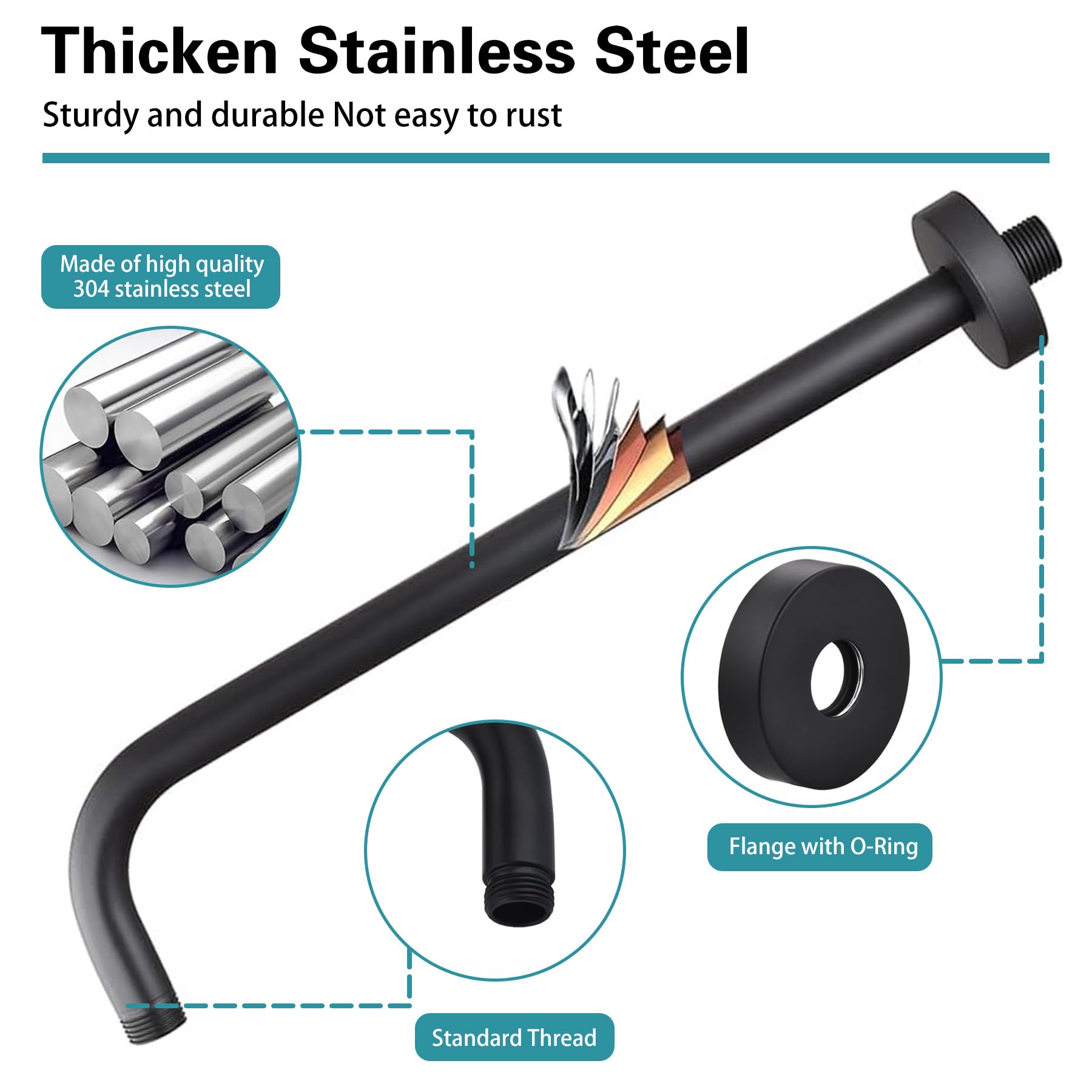 12 Inch Stainless Steel Shower Arm with Flange - 90 Degree Adjustable Rain Shower Extension Arm - Matte Black Wall Mounted Shower Head Bracket for Fixed Shower Systems (Perfect for Bathroom Renovation & Spa-Like Shower Experience)