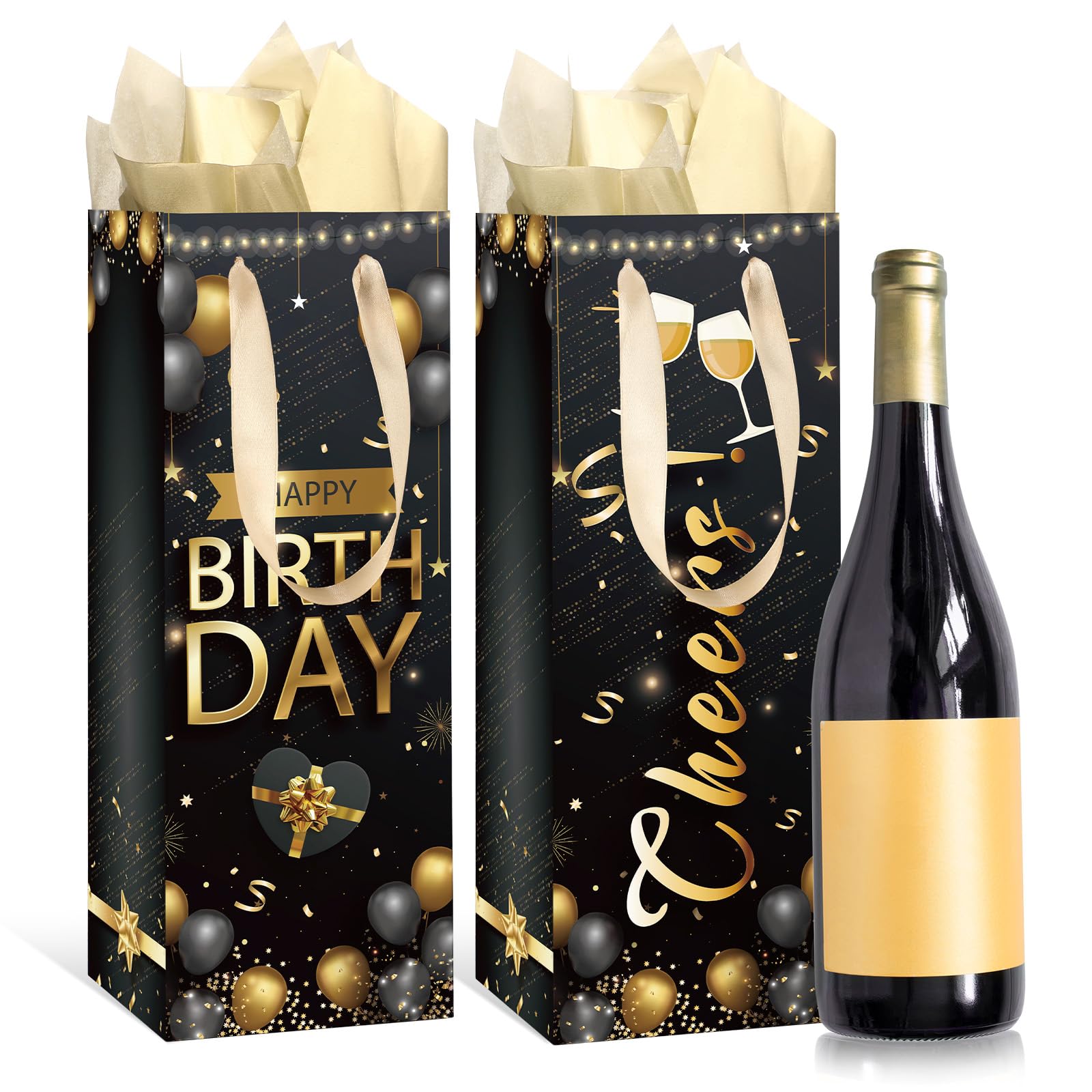 Elegant Gold & Black Wine Gift Bag with Tissue Paper & Handle - Perfect Birthday, Anniversary Party Favors & Decorations for Women & Men - Ideal for Wine Bottles, Liquor Gifts & Party Supplies