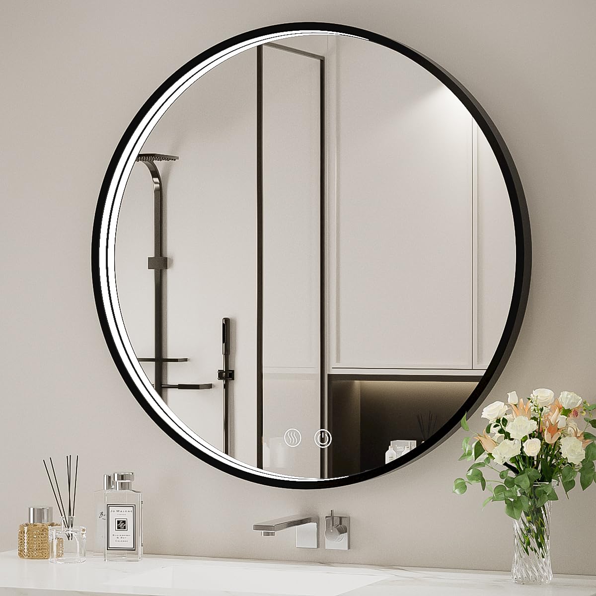 24 Inch Round LED Bathroom Mirror with Anti-Fog & Dimmable Touch Switch - Black Metal Frame Vanity Mirror, Waterproof IP54, 90+ CRI - Perfect for Makeup, Shaving & Home Decor