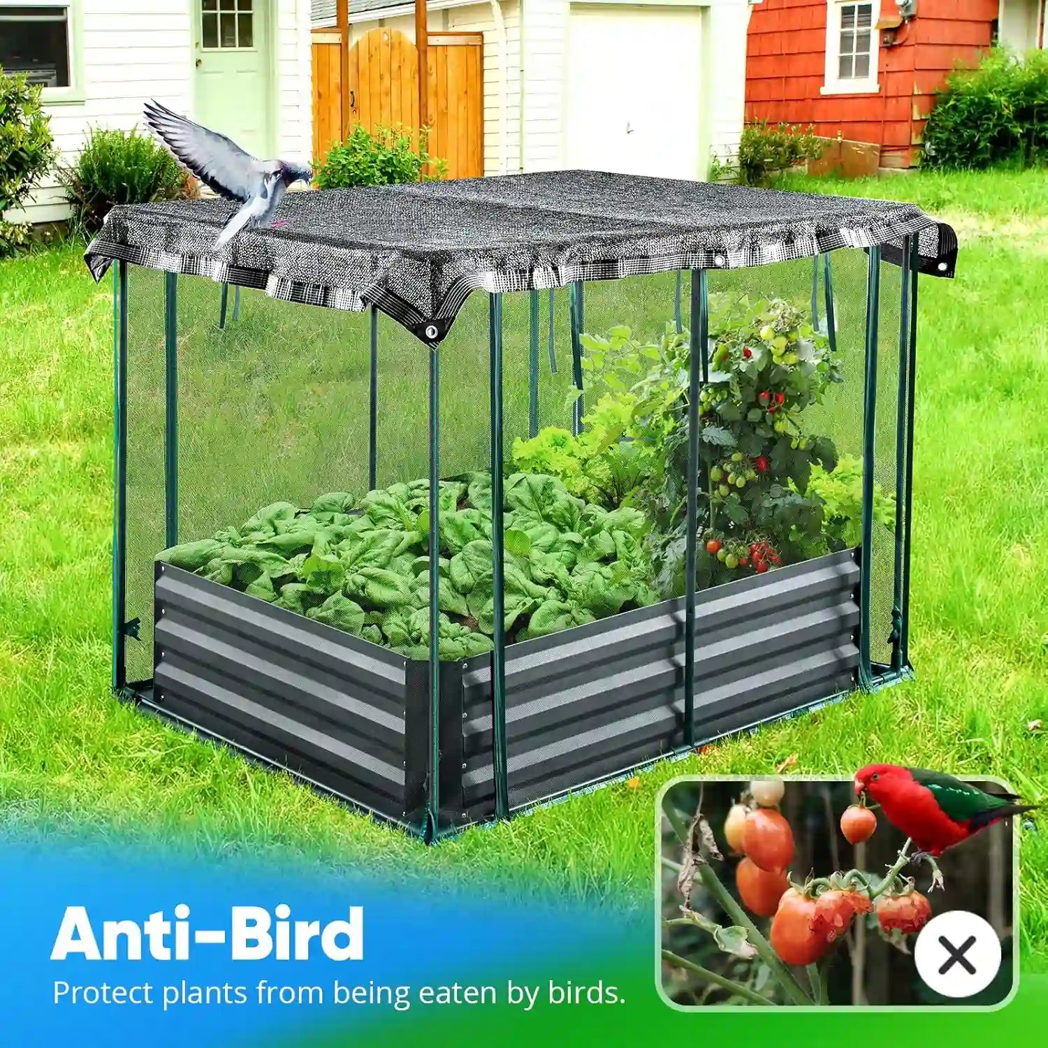 Durable Galvanized Steel Raised Garden Bed with Protective Netting - Perfect for Outdoor Gardening, Vegetables, Flowers, and Herbs