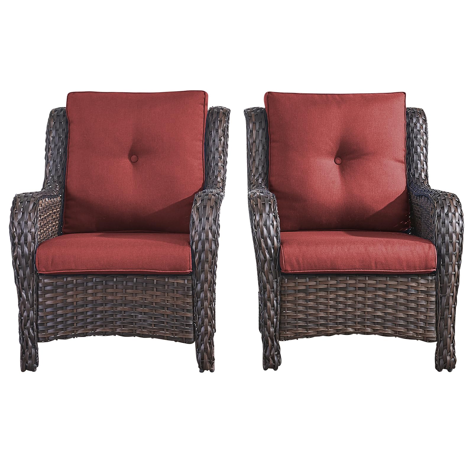 2-Piece Wicker Rattan Patio Furniture Set - High Back Deep Seating Outdoor Chairs for Deck, Porch, Balcony, Backyard & Garden (Brown/Red) - Perfect for Relaxing, Lounging & Entertaining Guests