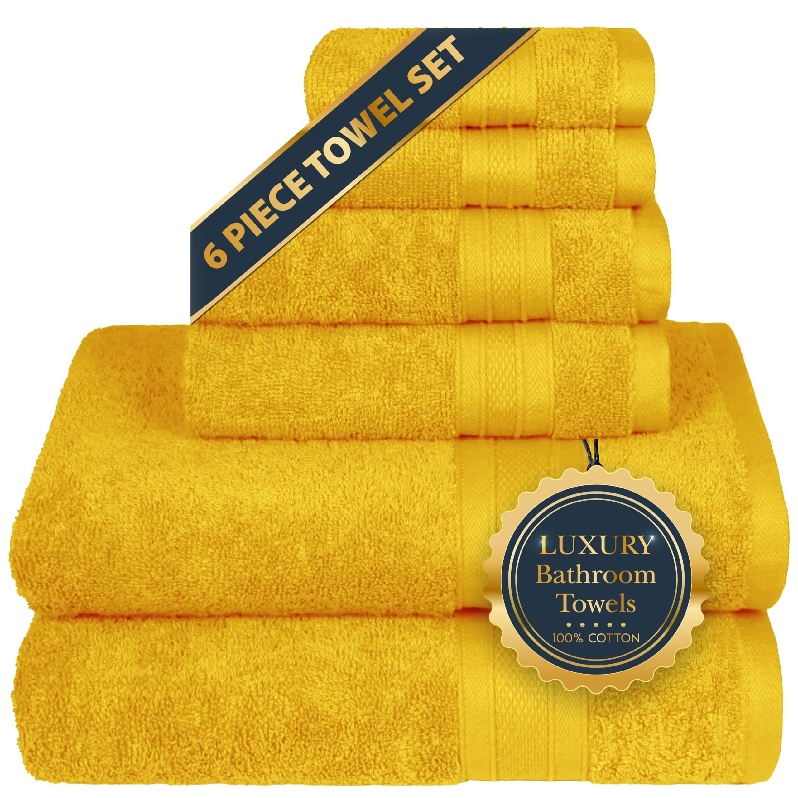 TRIDENT Soft & Plush Luxury Towel Set - 100% Cotton Bath & Hand Towels (6-Piece, Mustard Yellow) | Ultra Absorbent for Spa, Hotel & Home Bathroom Use