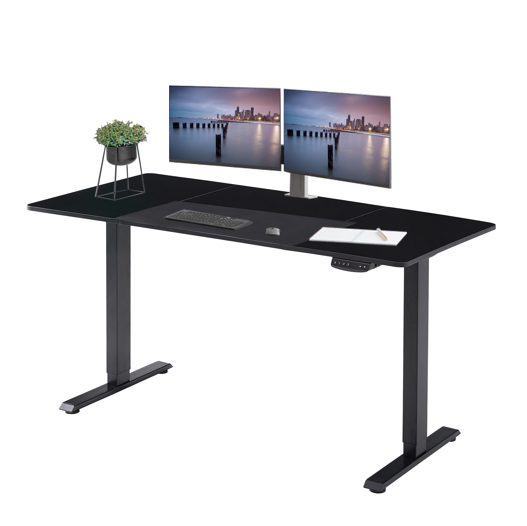 Height Adjustable Electric Standing Desk 55 x 24 Inches - Ergonomic Home Office Sit Stand Workstation with Black Mouse Pad (Black Tabletop) - Perfect for Remote Work, Gaming & Study Setup