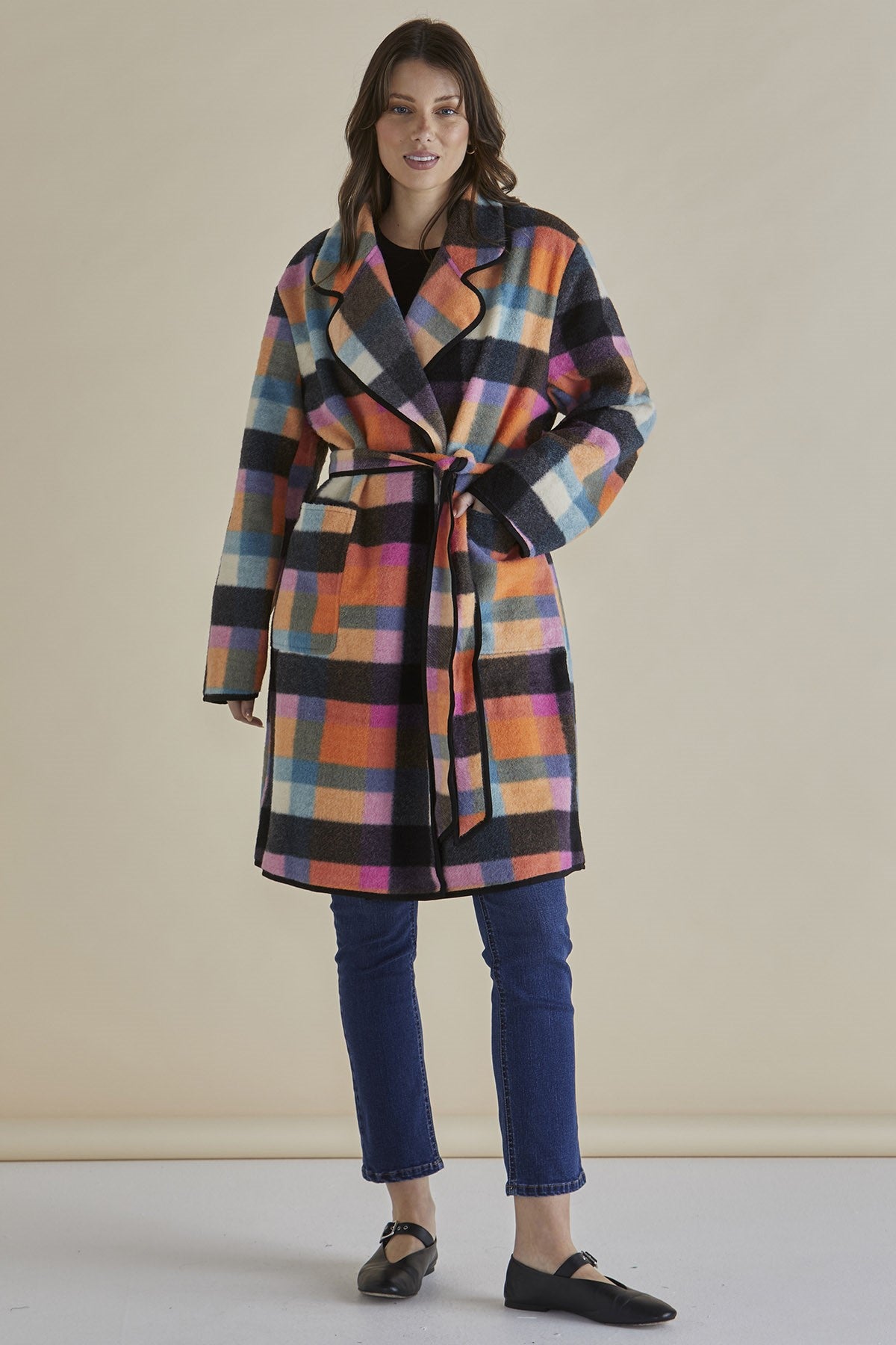 Betty Basics Ellie Coat - Women's Rainbow Check Trench Coat | Stylish Waterproof Outerwear for Fall & Winter | Perfect for Work, Travel & Casual Outings