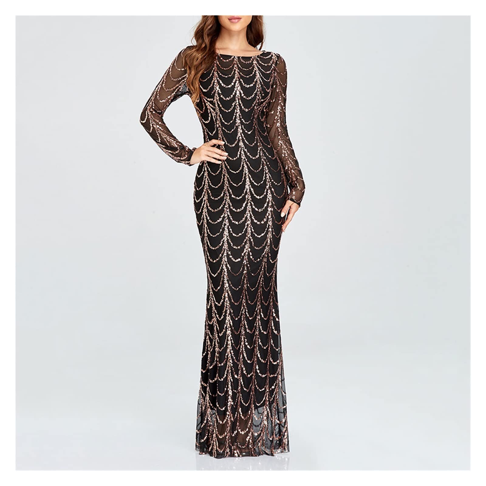 Elegant Plus Size Long Sleeve Maxi Dress for Women - Flattering O-Neck Party Gown (Color A, Size L) | Perfect for Evening Events, Weddings & Special Occasions