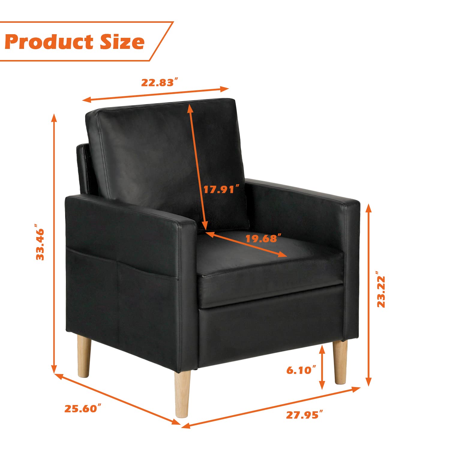 AILEEKISS Mid-Century Modern Upholstered Faux Leather Accent Armchair Set of 2 - Living Room, Apartment, Dorm & Office Furniture for Small Spaces (Black) - Perfect for Compact Homes, Reading Nooks & Guest Seating