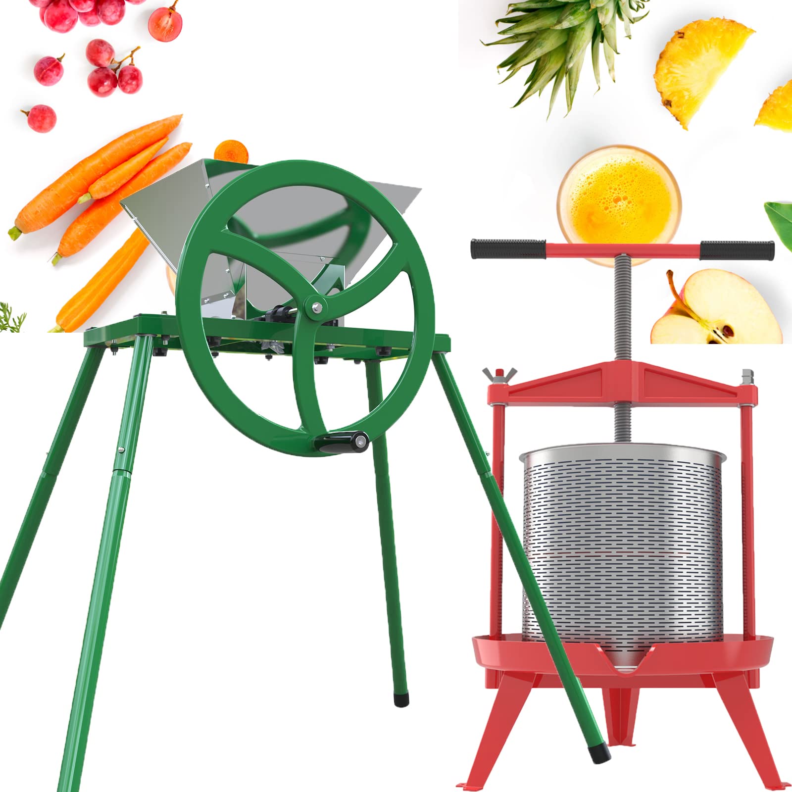 Premium Heavy-Duty Stainless Steel Fruit & Wine Press with Cross-Beam Design - Includes Apple Crusher & Sturdy Stand for Home Brewing, Cider Making & Juice Extraction