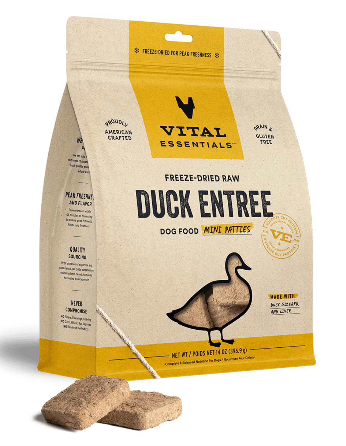 Vital Essentials Freeze Dried Raw Duck Entree Mini Patties Dog Food - Grain Free, High Protein for Small & Medium Dogs (14oz/396.8g) - Perfect for Training Treats & Meal Toppers