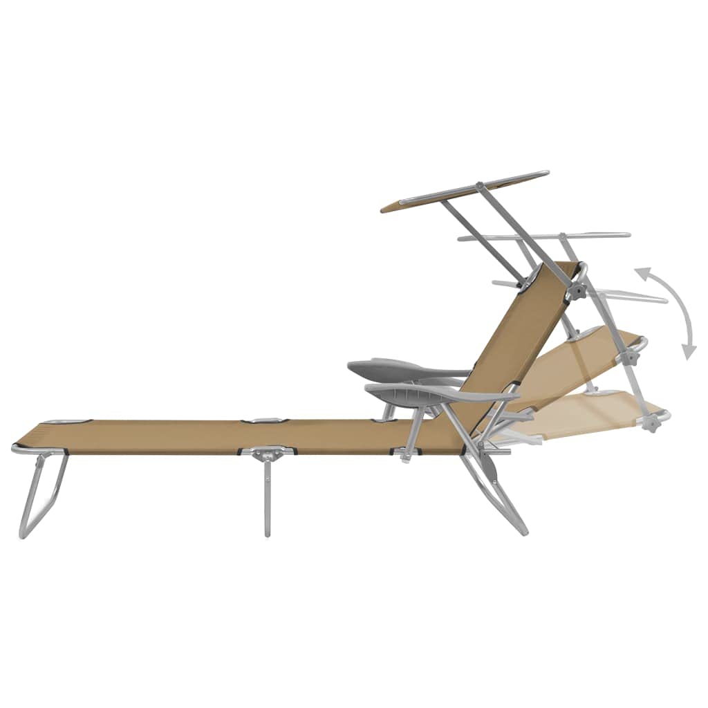 Adjustable Folding Sun Lounger with Canopy - Steel Taupe Recliner Chair with Armrest for Patio, Poolside, Beach, Backyard & Lawn - Perfect for Outdoor Relaxation, Sunbathing and Vacation Use