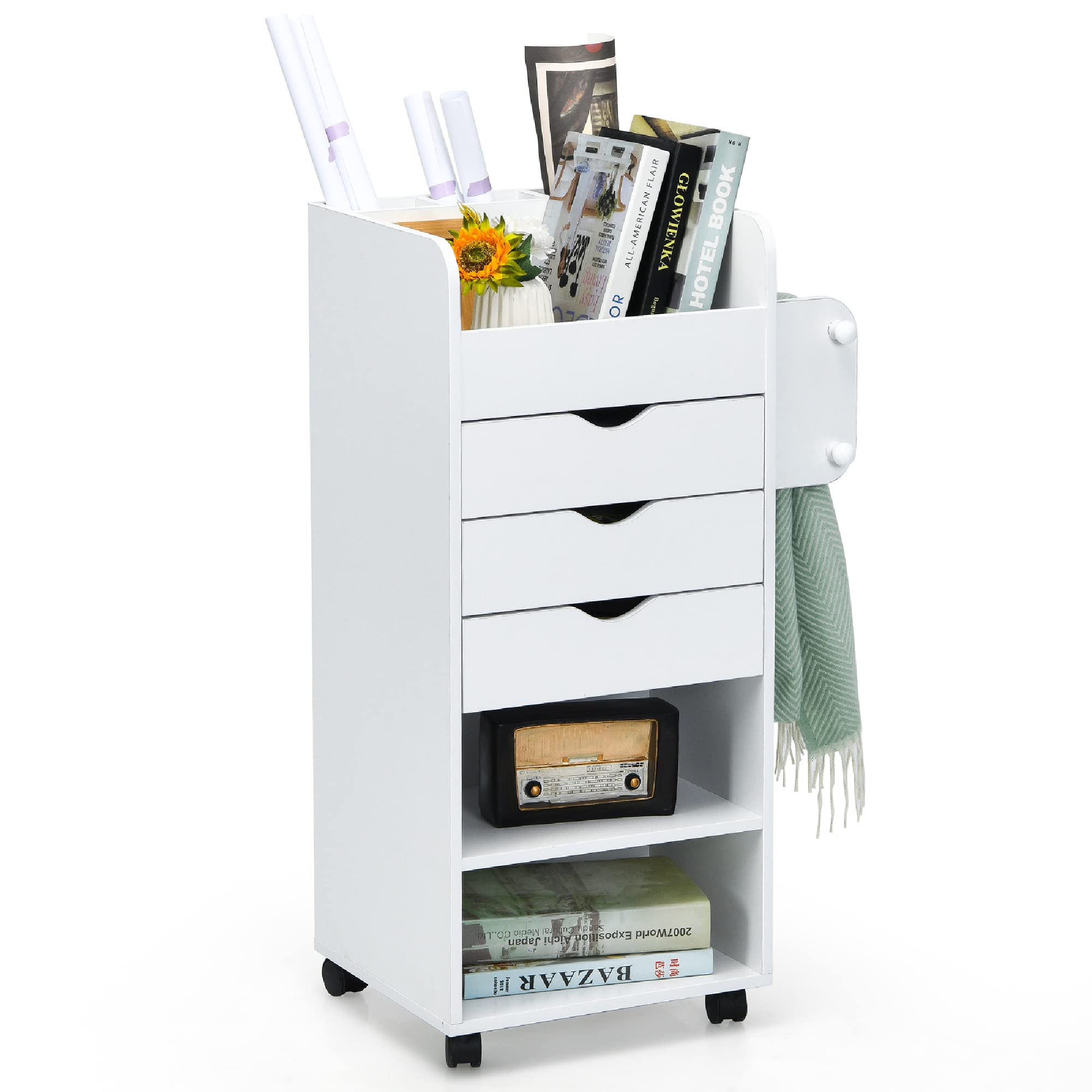 Tangkula Rolling Storage Drawer Cart - 3-Tier Wooden Utility Organizer with 3 Drawers, 3 Shelves & Lockable Wheels | Mobile Cabinet for Office, Living Room, Bedroom & Study | Perfect for Home Organization & Workspace Storage