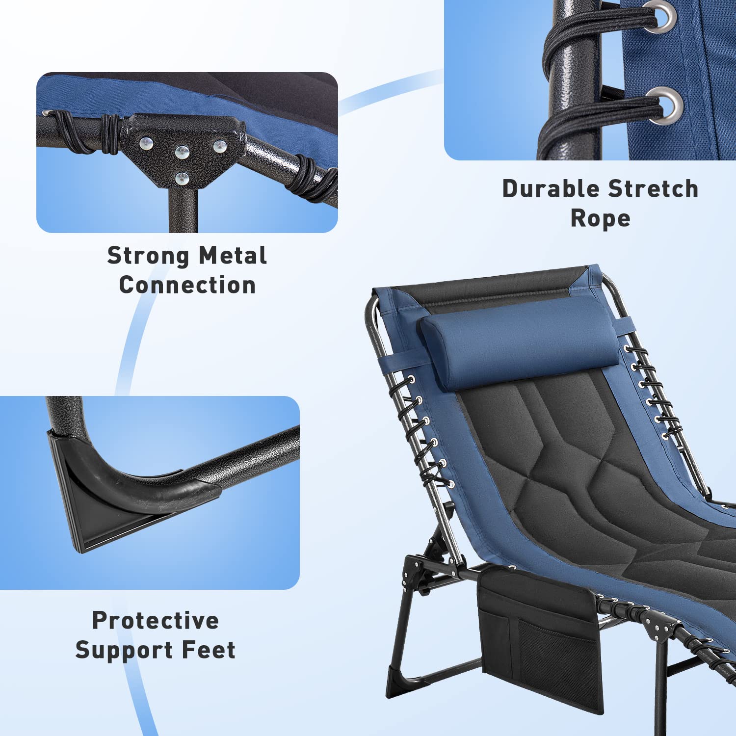 Flamaker 4-Position Adjustable Folding Chaise Lounge Chair - Portable Outdoor Recliner with Pillow & Side Pocket - Lightweight Camping, Beach, Pool Sunbathing Chair for Patio, Backyard, Deck (Blue) - Perfect for Relaxing, Travel & Outdoor Adventures