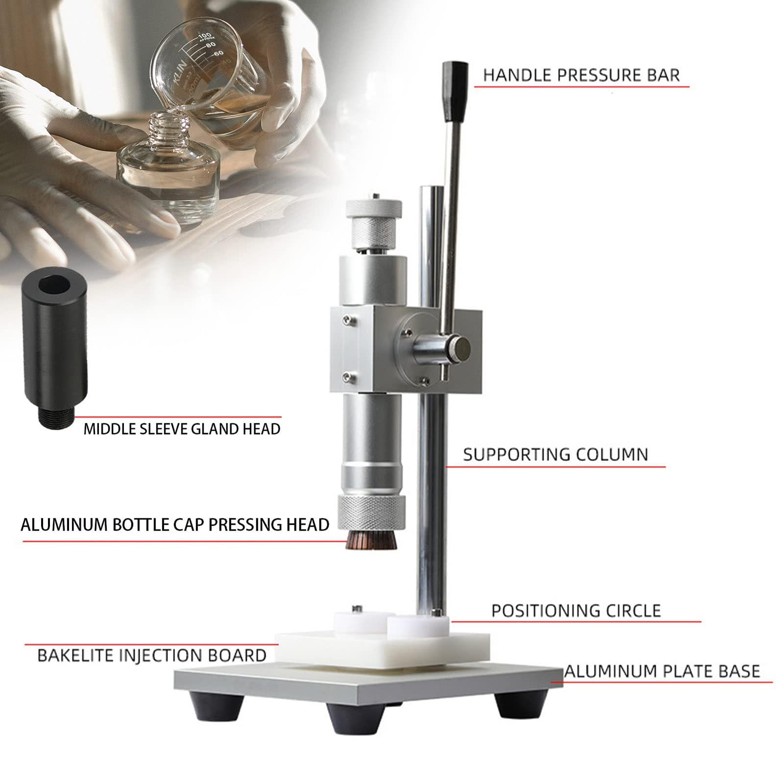 Manual Perfume Capping Machine - Handheld Bottle Capping Tool with Adjustable Mid-Band (16cm Height) for Essential Oil & Perfume Bottles (15mm) - Easy to Use for Home DIY, Small Business & Cosmetic Packaging