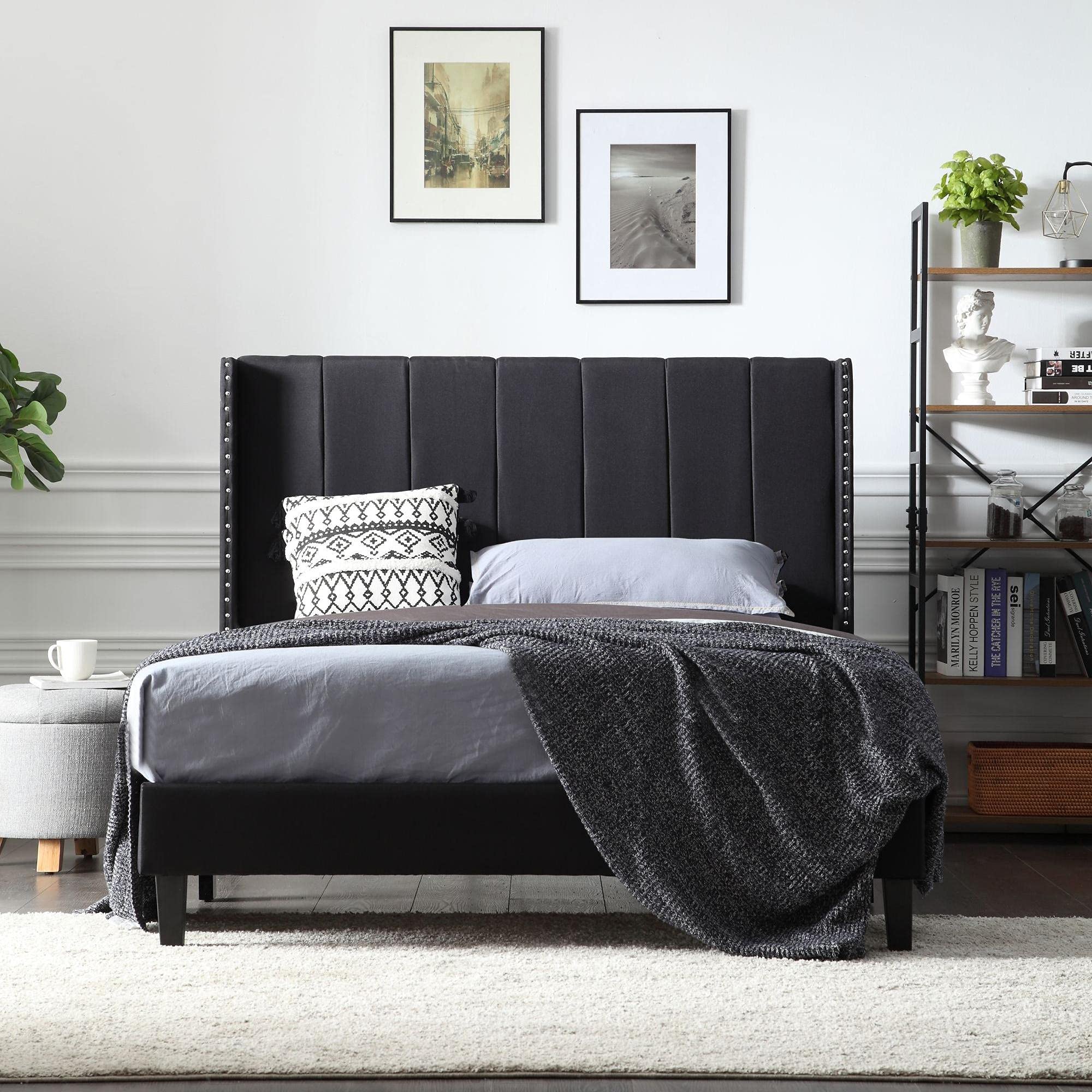 Modern Upholstered Full Size Bed Frame with Headboard & Wood Slat Support - Faux Leather Platform Bed No Box Spring Needed - Easy Assembly Black - Perfect for Guest Rooms, Apartments & Modern Bedrooms
