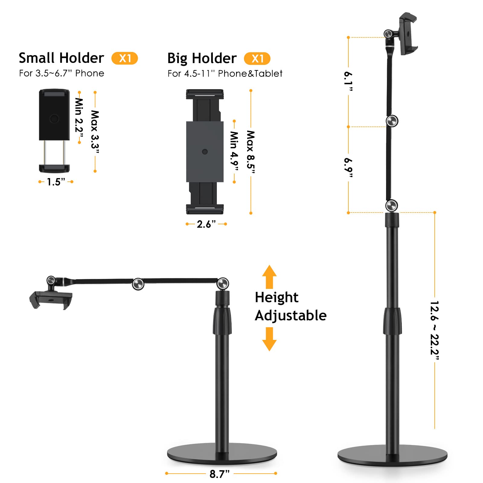 Adjustable Phone Stand Overhead Recording Stand - Multiangle 3-Part Adjustable Cell Phone Holder for 3.5-11