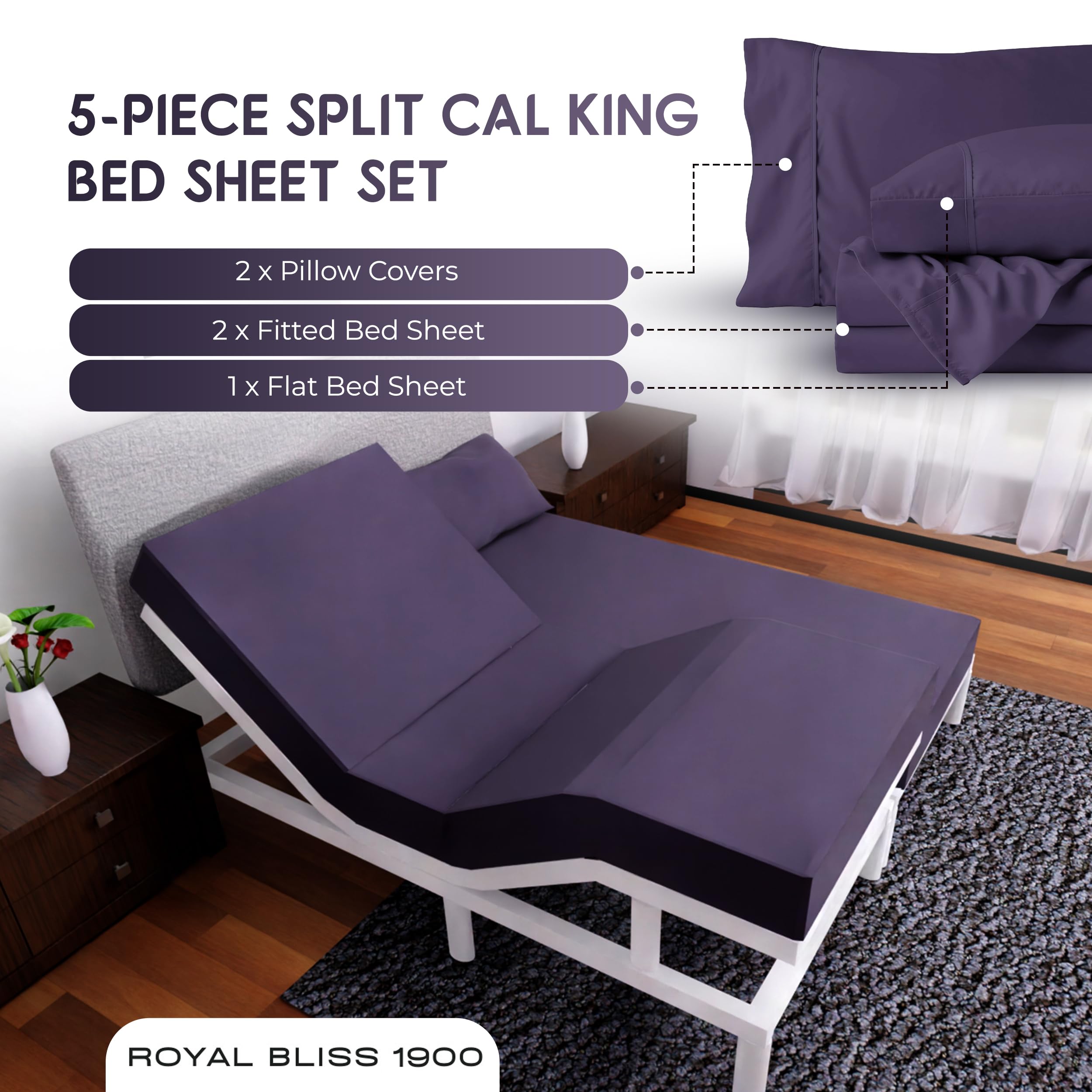 Split California King Sheets Set - 5 Piece Adjustable Bed Sheets for Split Cal King Beds | Soft Breathable Fabric | Perfect for Adjustable Beds, Sleep Number Beds & Couples with Different Sleeping Preferences (Plum)