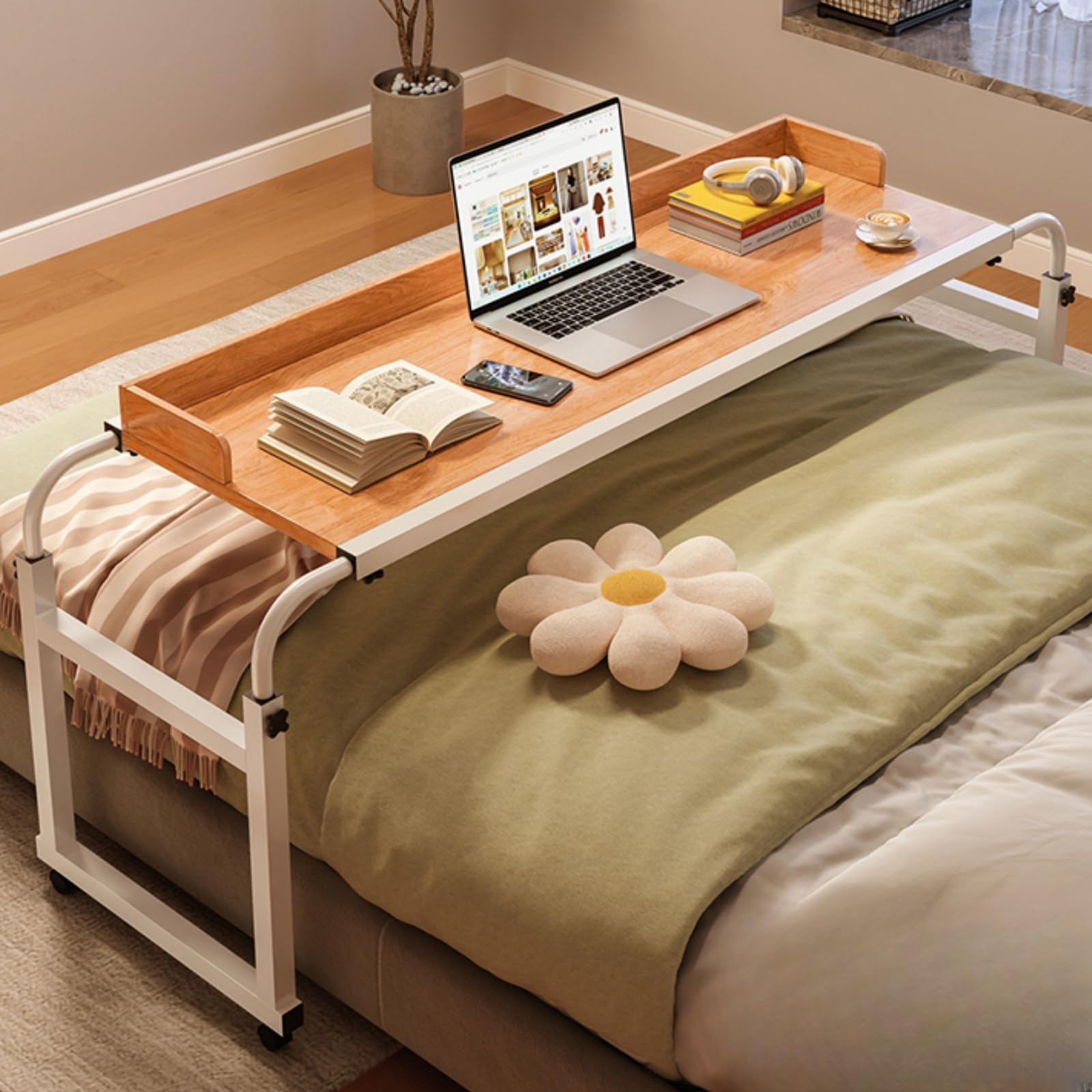 Adjustable Height Overbed Table with Wheels - Mobile Bed Desk for Laptop, Breakfast, Reading & Work - Brown    (Use Cases: Perfect for hospital patients, home office, studying in bed, or enjoying meals comfortably)