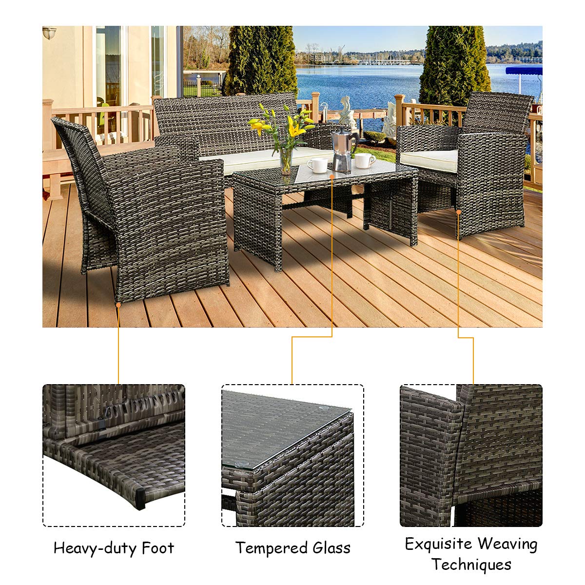 Casart 4-Piece Rattan Sofa Set with Cushioned Chairs & Coffee Table - Outdoor Wicker Patio Furniture for Garden, Poolside, and Backyard Relaxation