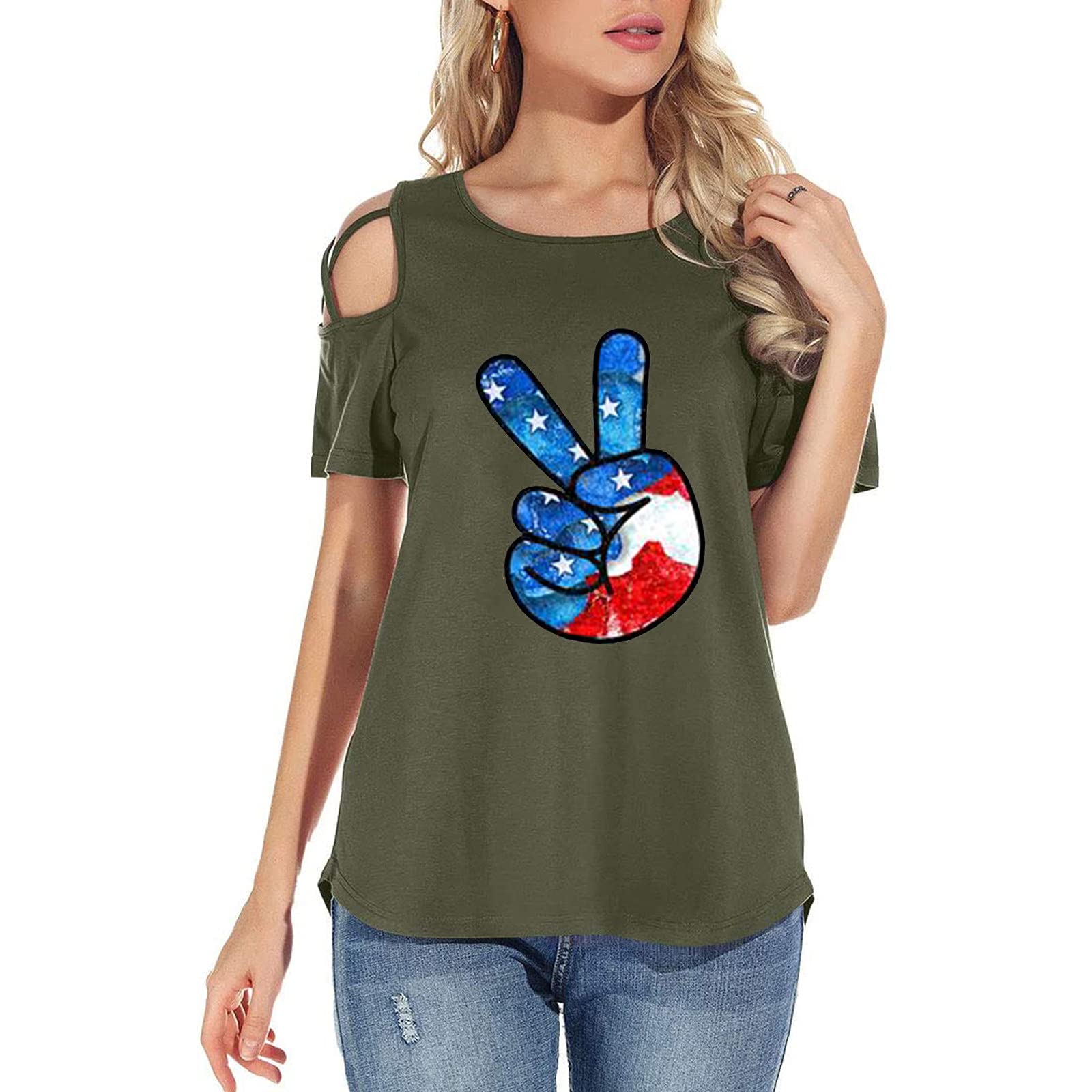 Women's Summer T-Shirt - Patriotic Independence Day Print Cold Shoulder Blouse with Strappy Detail | Casual O-Neck Short Sleeve Top for Beach, BBQ & Fourth of July Celebrations