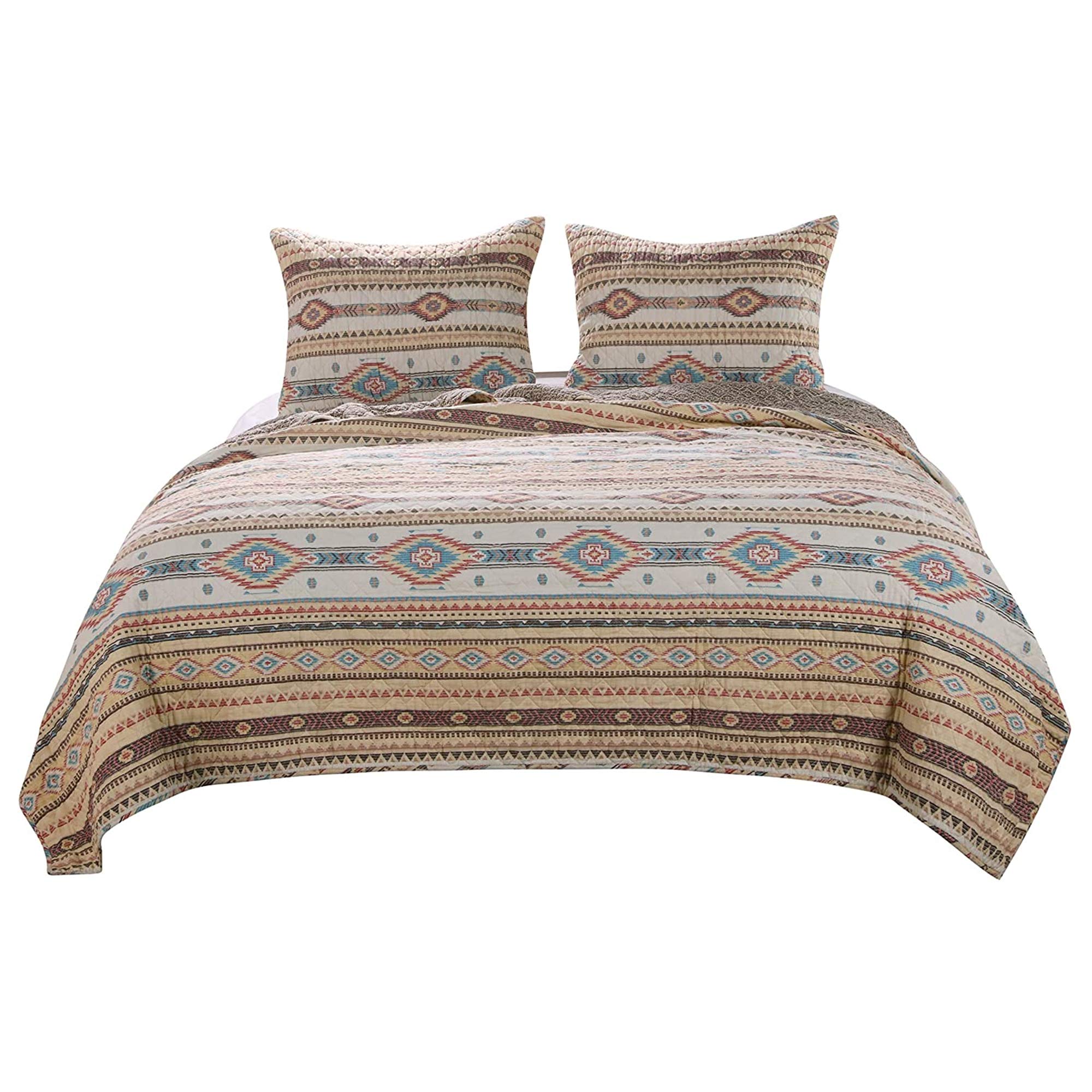 Benjara King Size 3-Piece Polyester Quilt Set - Kilim Pattern Multicolor Bedding | Luxury Bedspread for Master Bedroom & Guest Room Decor
