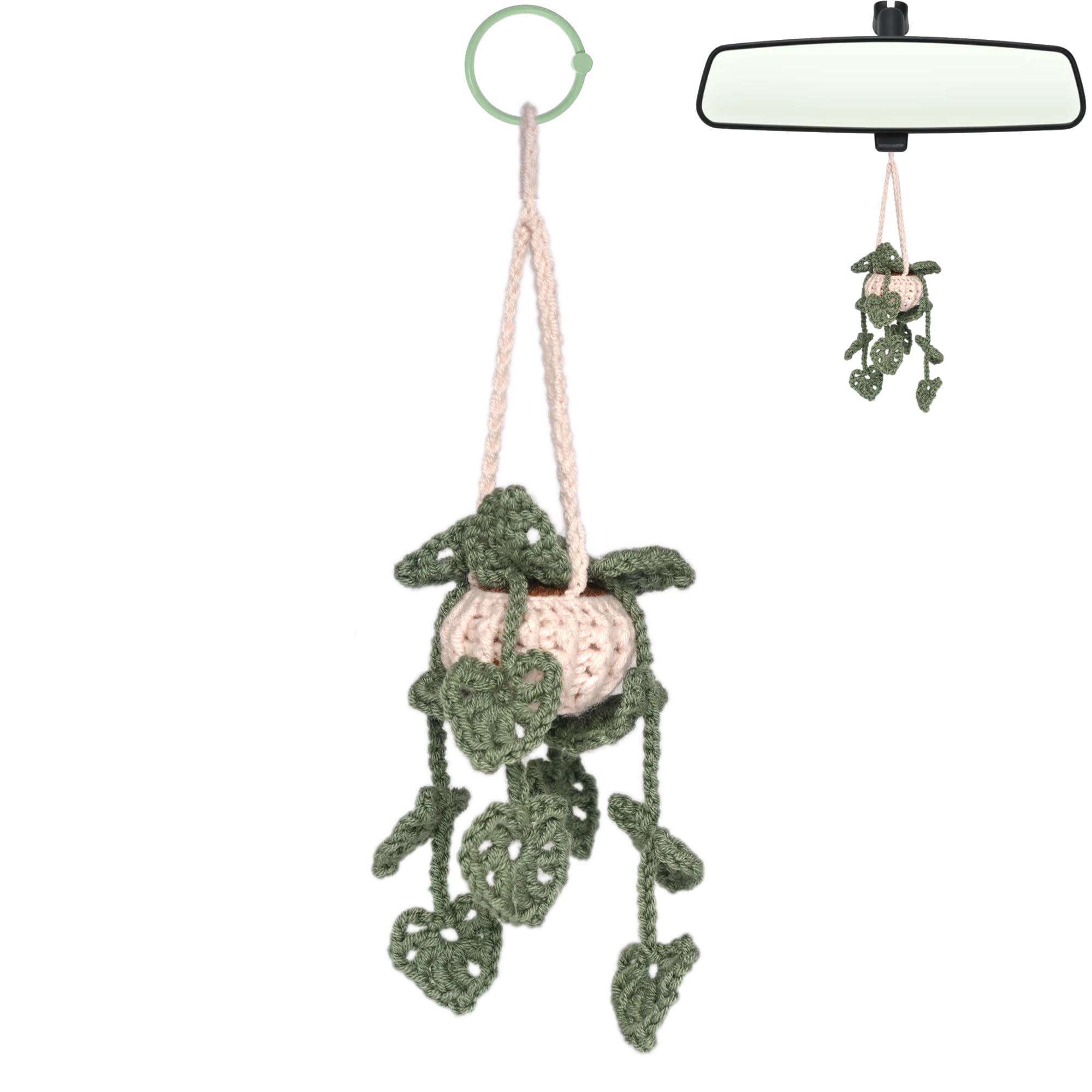 DICHA Crochet Hanging Plant for Car - Aesthetic Car Accessories for Women - Handmade Car Ornaments Charms for Rear View Mirror - Leaf Design - Perfect for Road Trips and Daily Commutes