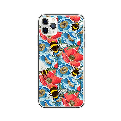 Cute Floral Bee Pattern iPhone 12 Pro Case (6.1 inch) - Transparent Soft TPU Protective Cover for Women & Girls | Bumblebee Flower Design | Perfect for Daily Use, School & Office